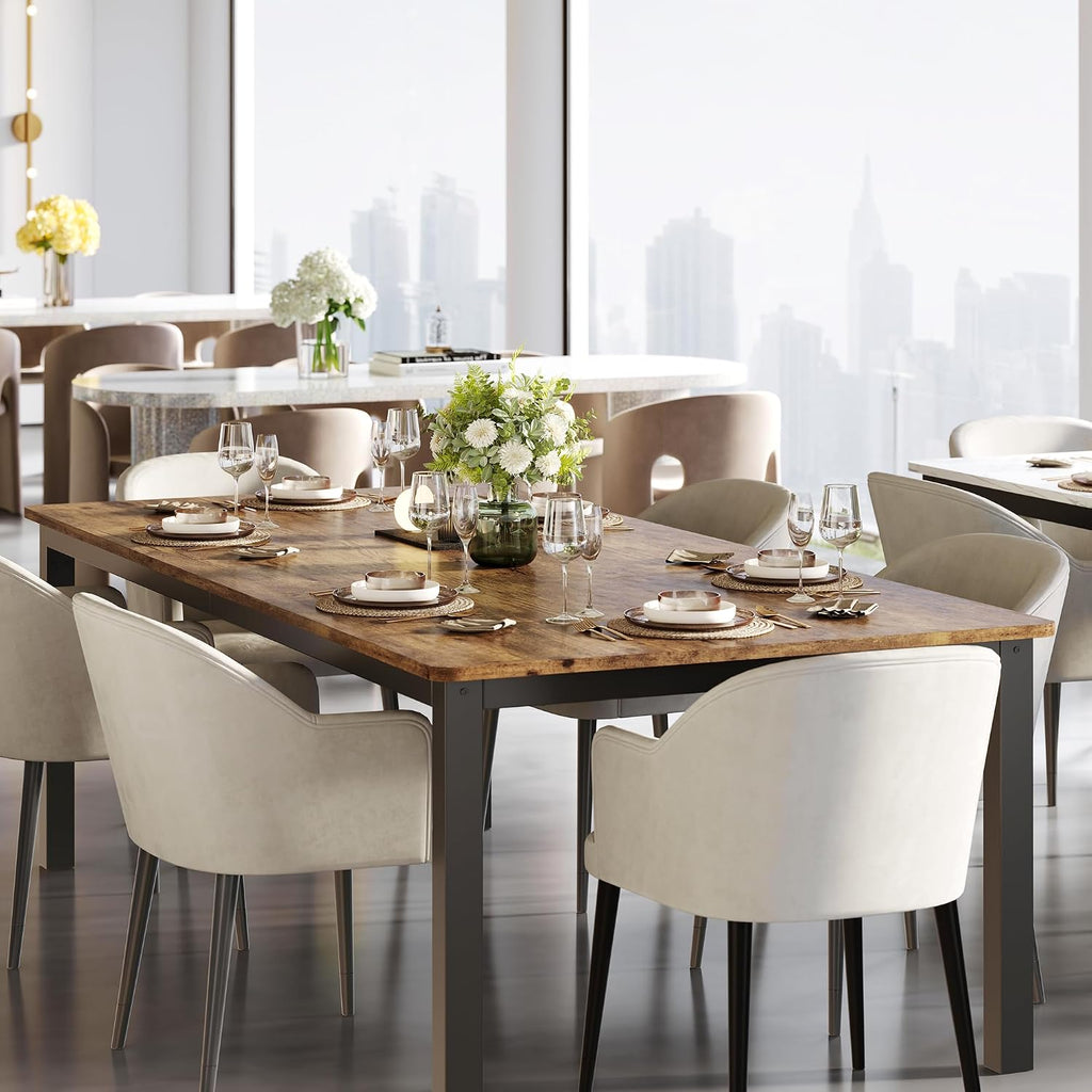GarveeHome 78.7 in Industrial Dining Table for 6, Wooden Long Dinner Table with Mortise Tenon Design, Kitchen Table with Sturdy Metal Legs, for Dining Room Home Office Living Room, Retro