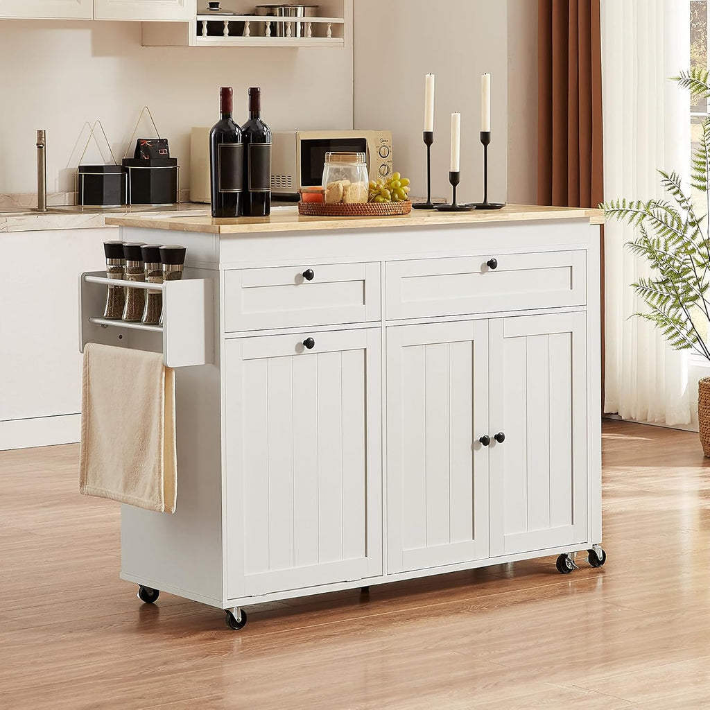 ONBRILL Kitchen Islands with Extendable Dining Table, 81.7' Mobile Kitchen Storage Islands, Rolling Kitchen Cart with Trash Cabinet, Power Outlet, Spice Rack & Towel Rack (White)