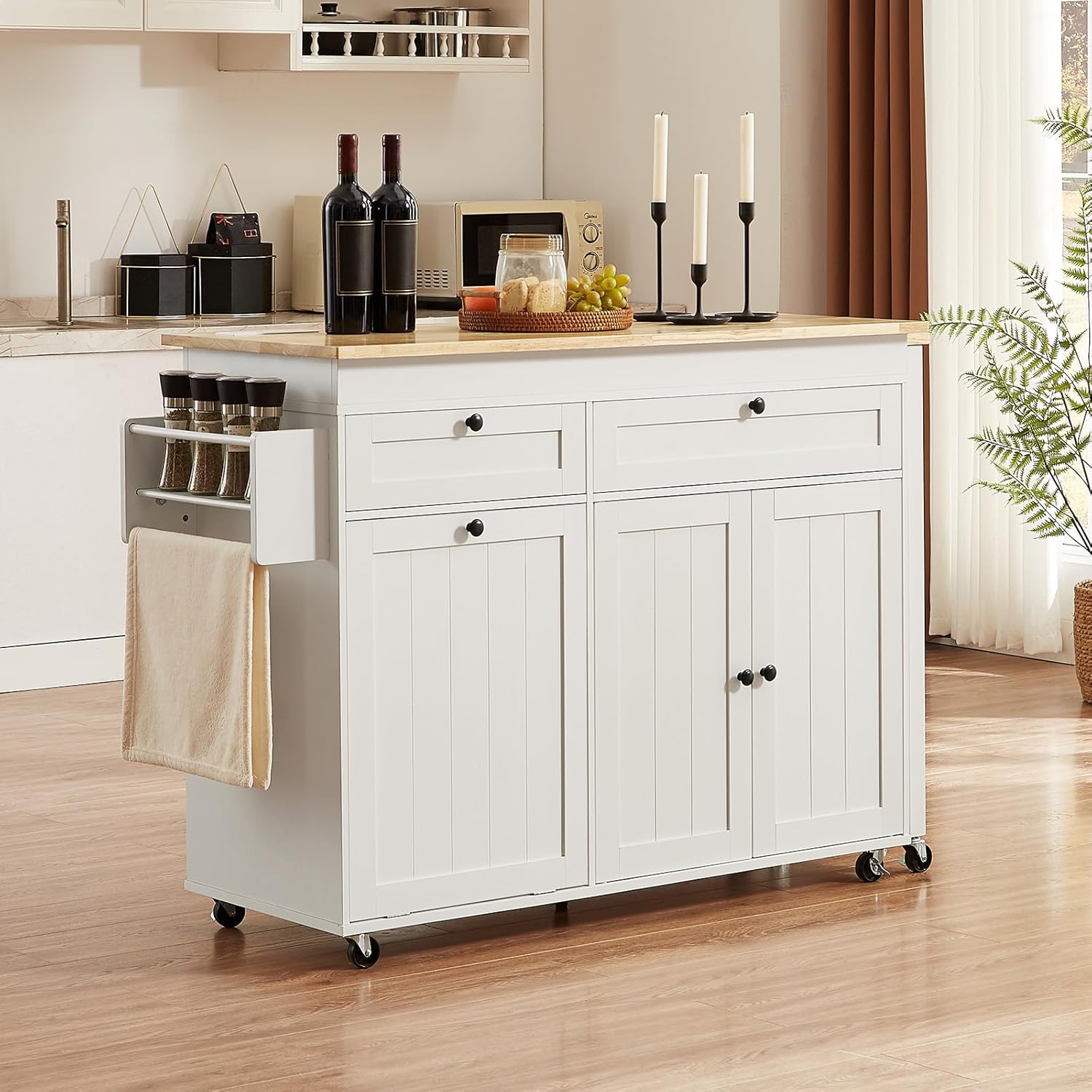 ONBRILL Kitchen Islands with Extendable Dining Table, 81.7' Mobile Kitchen Storage Islands, Rolling Kitchen Cart with Trash Cabinet, Power Outlet, Spice Rack & Towel Rack (White)