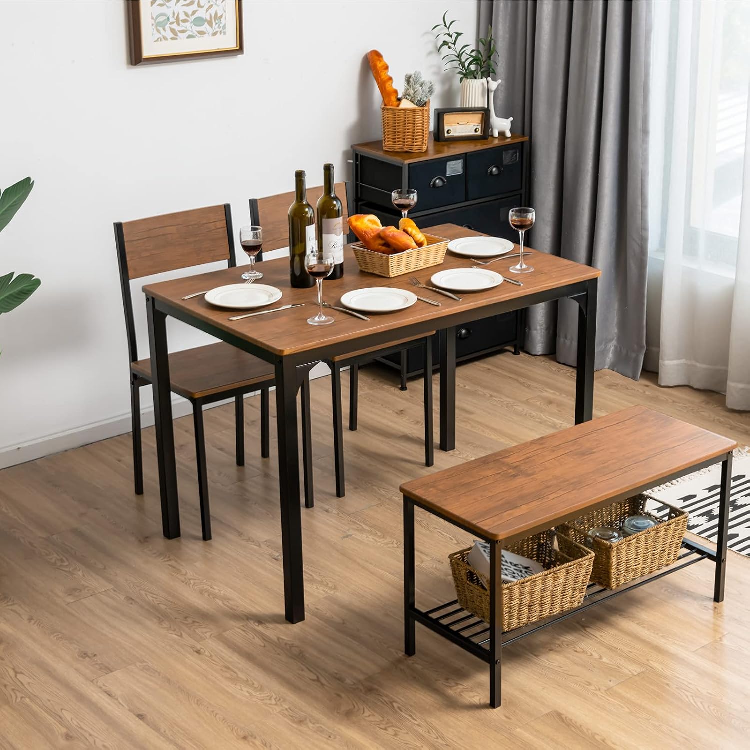 Giantex Dining Table Set for 4, 43' Kitchen Table and Chairs, Dining Bench with Metal Frame & Storage Rack, 4-Piece Modern Functional Desk Set for Dinette, Small Space, Apartment, Restaurant, Walnut