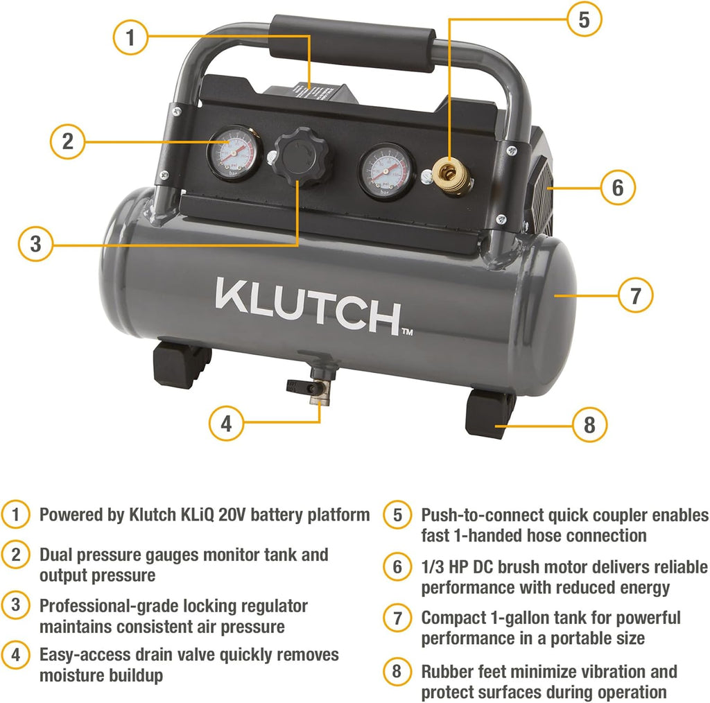 Klutch Portable Air Compressor, KLiQ 20V, 1 Gallon, 115 PSI, Cordless, Bare Tool
