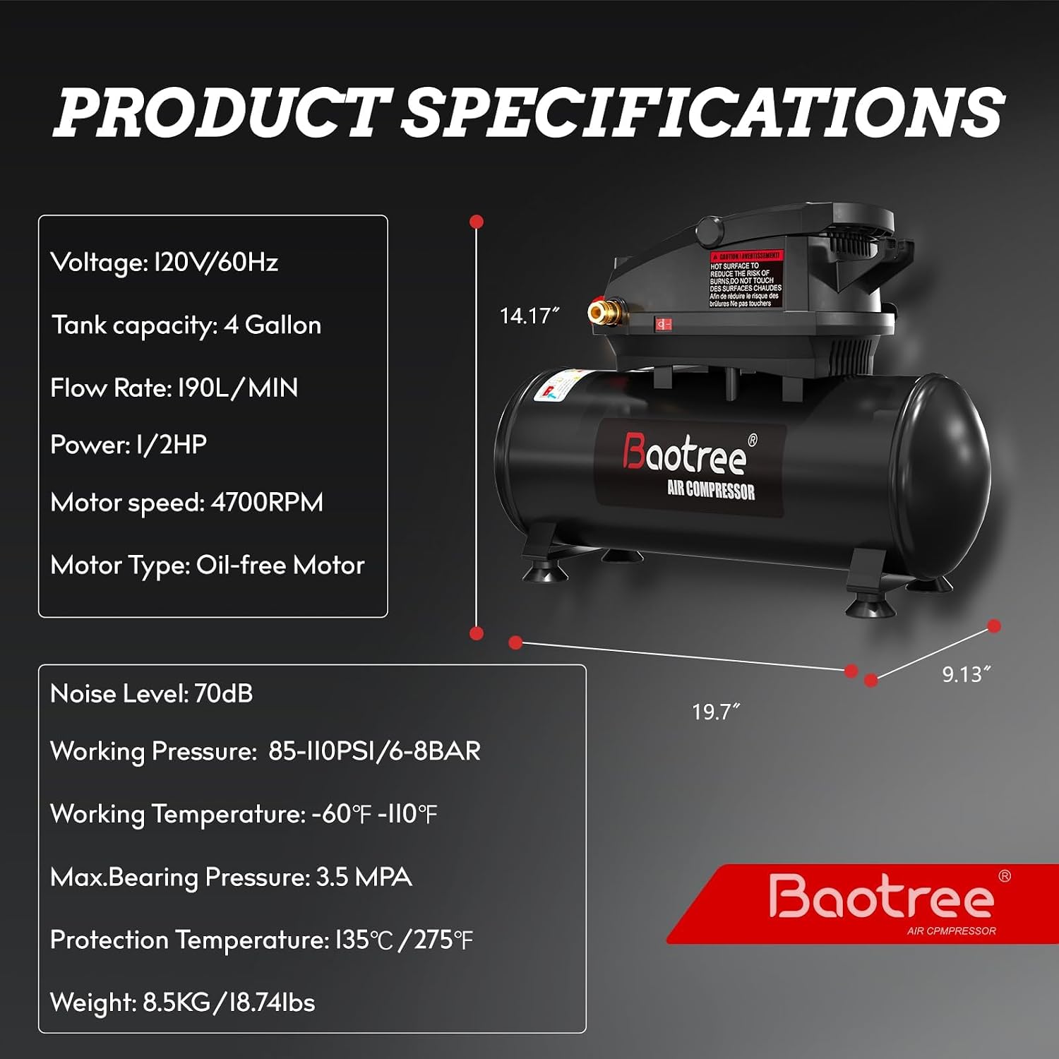 4 Gallon Portable Air Compressor, 0.5HP Motor 0.6SCFM@90 PSI,1.0SCFM@40PSl Max 110PSI Oil Free Air Compressor Tank, Garage Air Compressors for Car Repair, Spray Painting, Woodwork Nailing