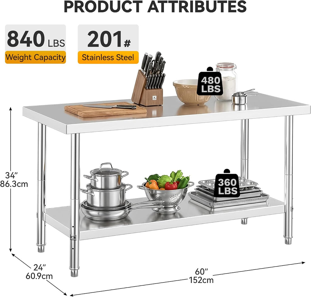 DWVO 60x24in Stainless Steel Table, NSF Metal Prep Worktable with Adjustable Shelf for Kitchen Restaurant Hotel Garage Warehouse Home
