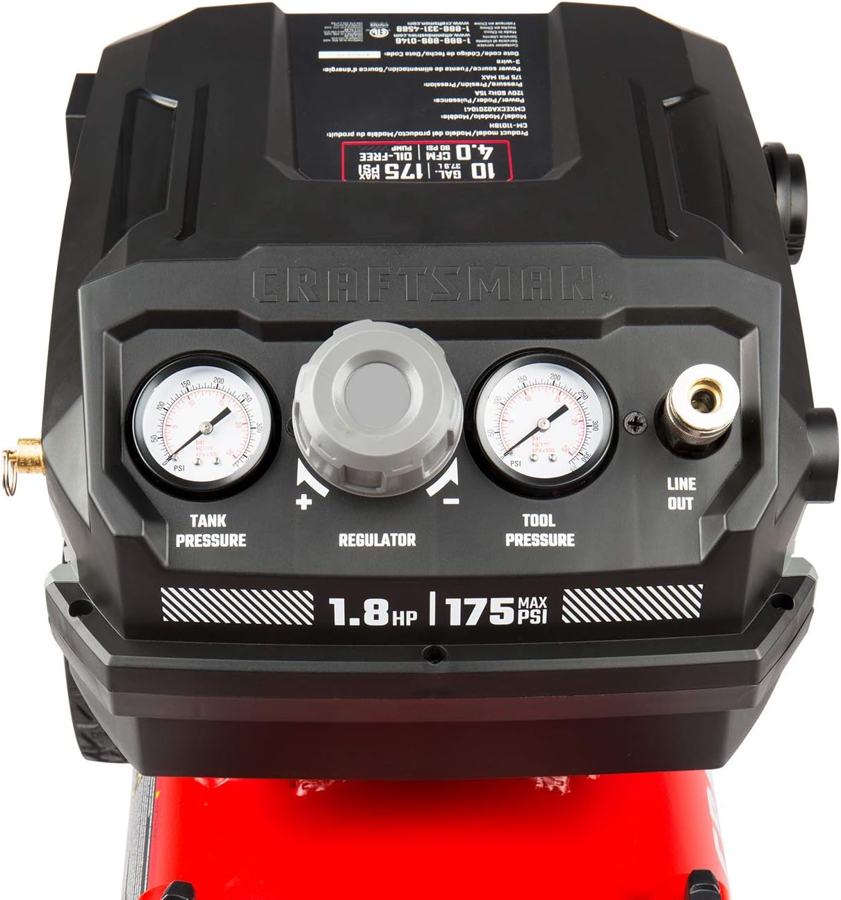 Craftsman 10-Gallon Air Compressor, 1.8 HP, Max 175 PSI, 4.0 CFM @ 90PSI, 5.0 CFM@40PSI, Oil-Free, Quiet Shop Air Compressor with Wheels for Spraying Pneumatic Tool, Model: CMXECXA0201041