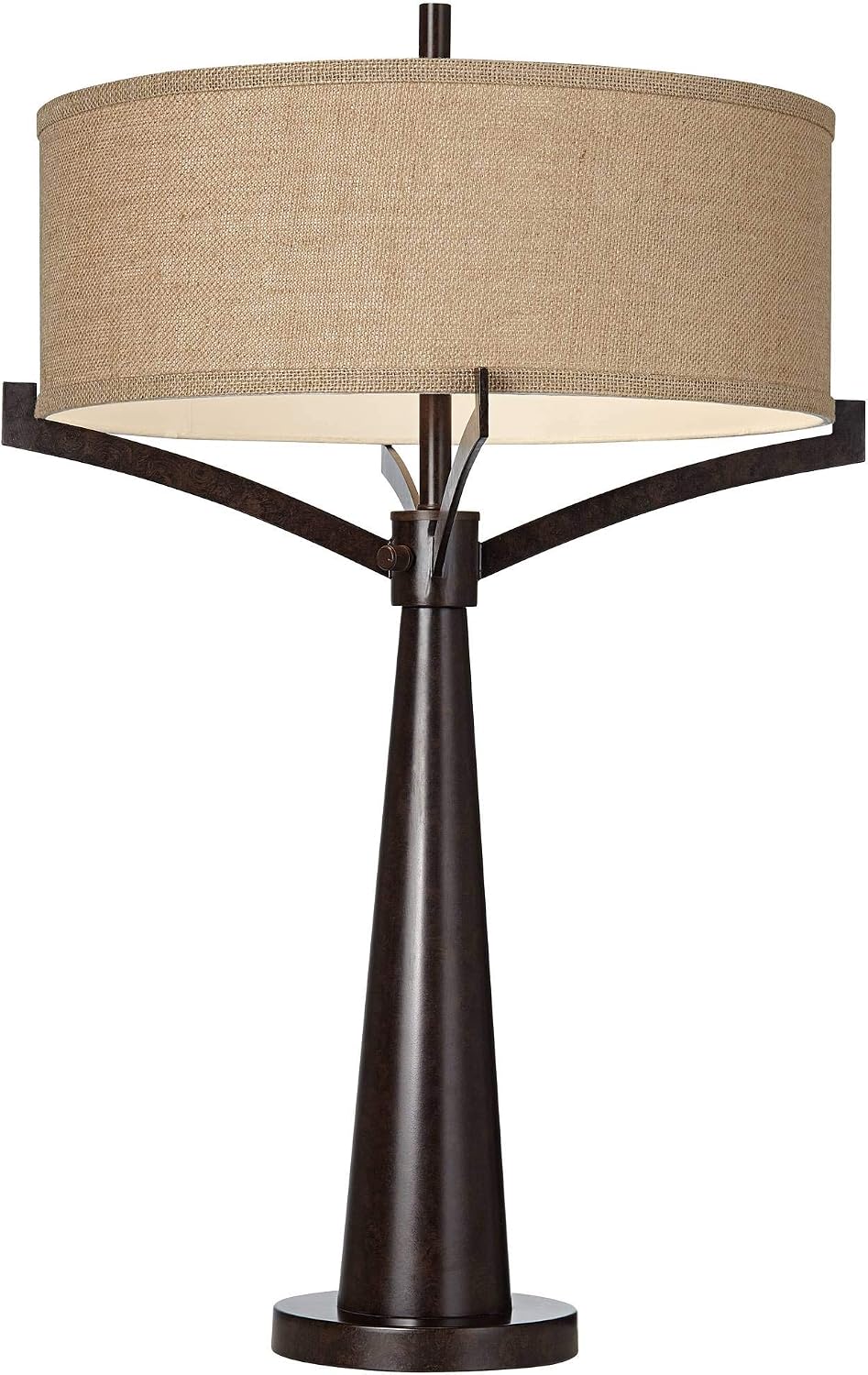 Franklin Iron Works Tremont Mid Century Modern Industrial Table Lamps 31.5' Tall Set of 2 Rich Bronze Iron Burlap Fabric Drum Shade for Living Room Bedroom House Bedside Nightstand Home Office