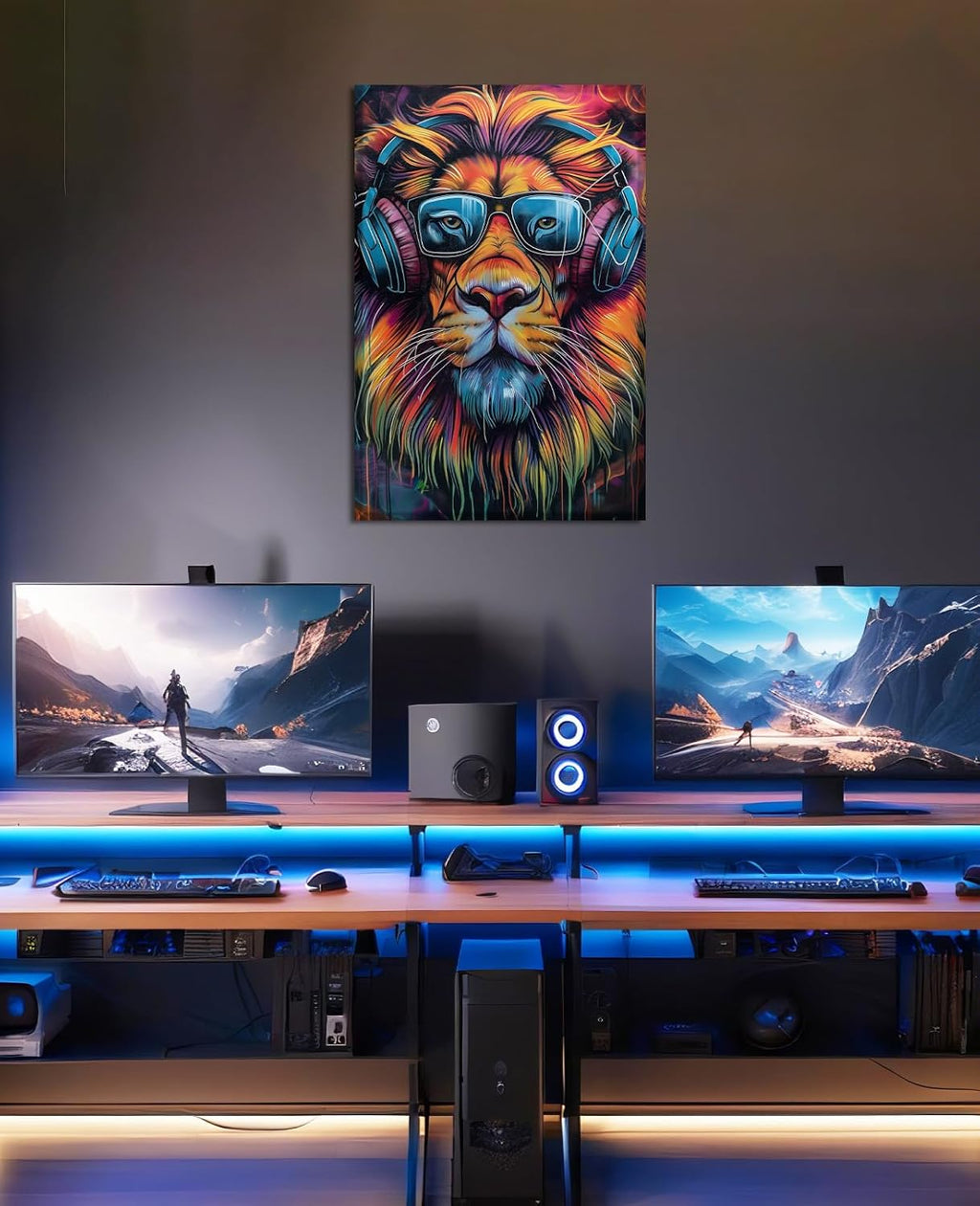 KPLUNDO Canvas Wall Art Lion Wall Decor Graffiti Picture Funny Animal Listen to Music Painting Colorful Poster for Living Room Bedroom Home Office Decor Gallery Wrapped(Art-2,28.00x42.00 inch)