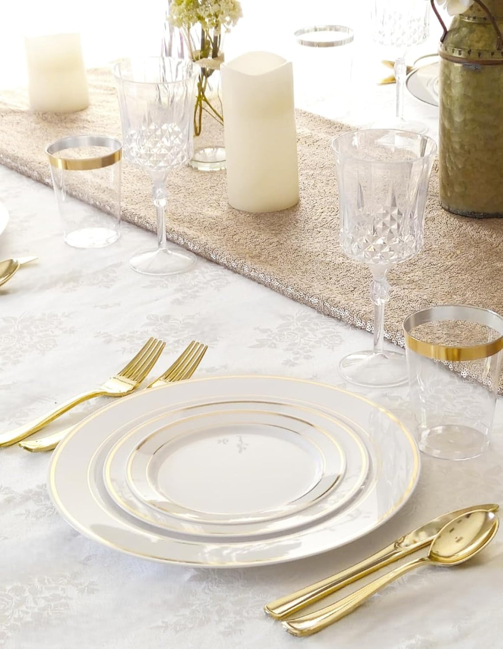 ' OCCASIONS ' 640Piece set (80 Guests)-Heavyweight Wedding Party Disposable Plastic Plate Set -80 x 10.5'' + 80 x 7.5'' + Silverware + Cups +linen like paper Napkins (Ivory & Gold Rim)