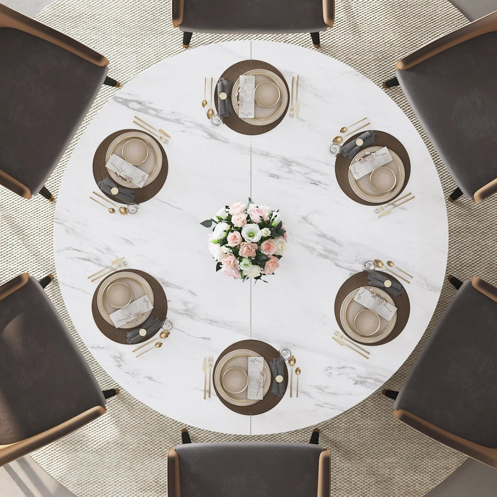 IBF 47' Round Dining Table with Storage, White Faux Marble Kitchen Tables for 4-6 People, Modern Dining Room Table with Fridge Space, Wood Circle Dinner Tables for Home, White Marble, Only Table