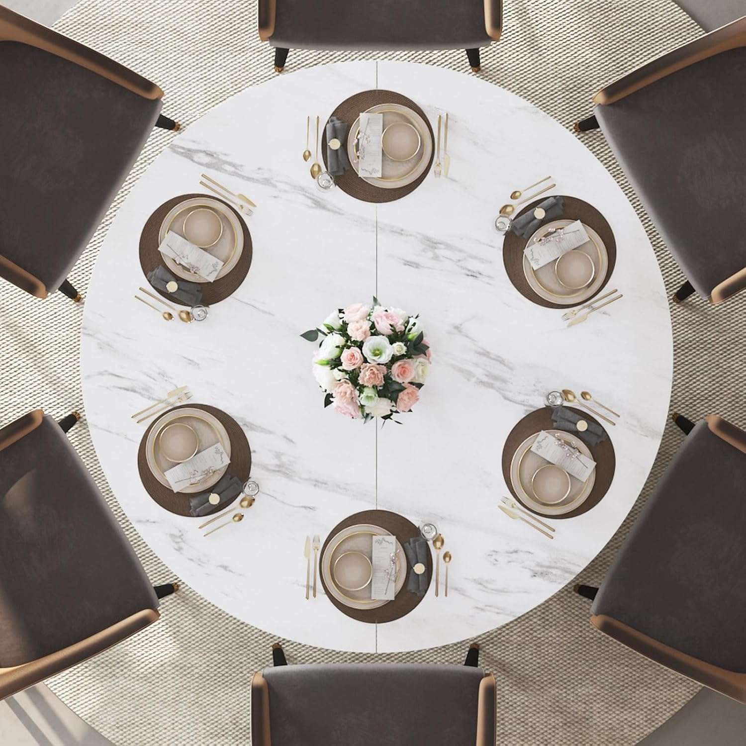 IBF 47' Round Dining Table with Storage, White Faux Marble Kitchen Tables for 4-6 People, Modern Dining Room Table with Fridge Space, Wood Circle Dinner Tables for Home, White Marble, Only Table
