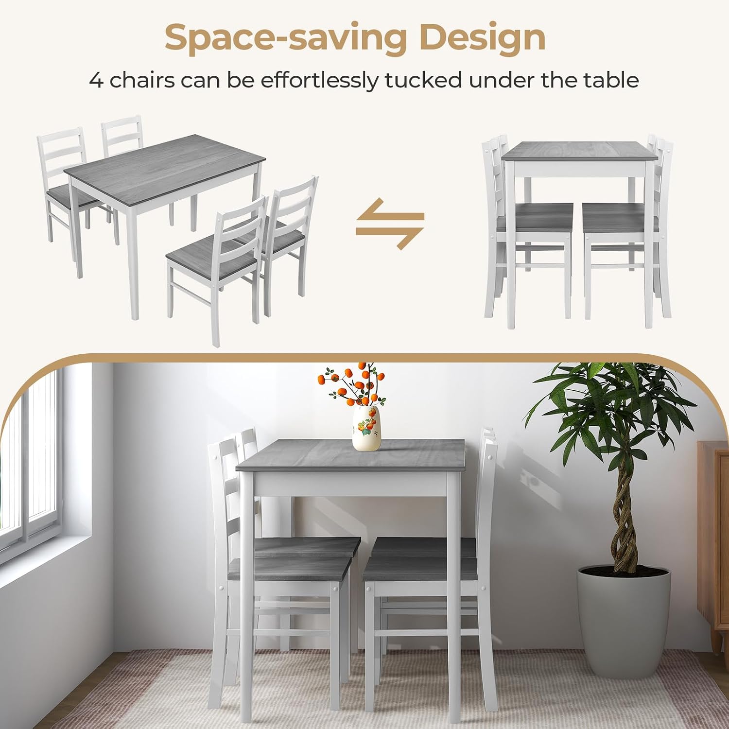 Giantex 5-Piece Dining Table Set for 4, 45' Rectangular Kitchen Table and Chairs Set with Solid Rubber Wood Legs, Space Saving Dinette Set for Small Space, Breakfast Nook, Restaurant (Grey)