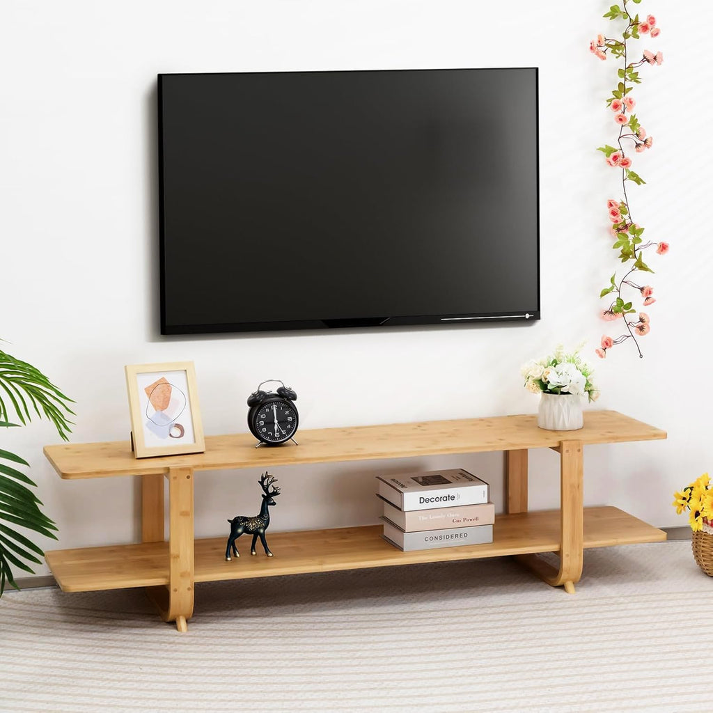 HollyHOME Bamboo TV Stand with Storage for TVs up to 65'', Modern Entertainment Center with 2 Open Shelf, Accent TV Media Console Table for Living Room, Bedroom, 55'(L), Burlywood
