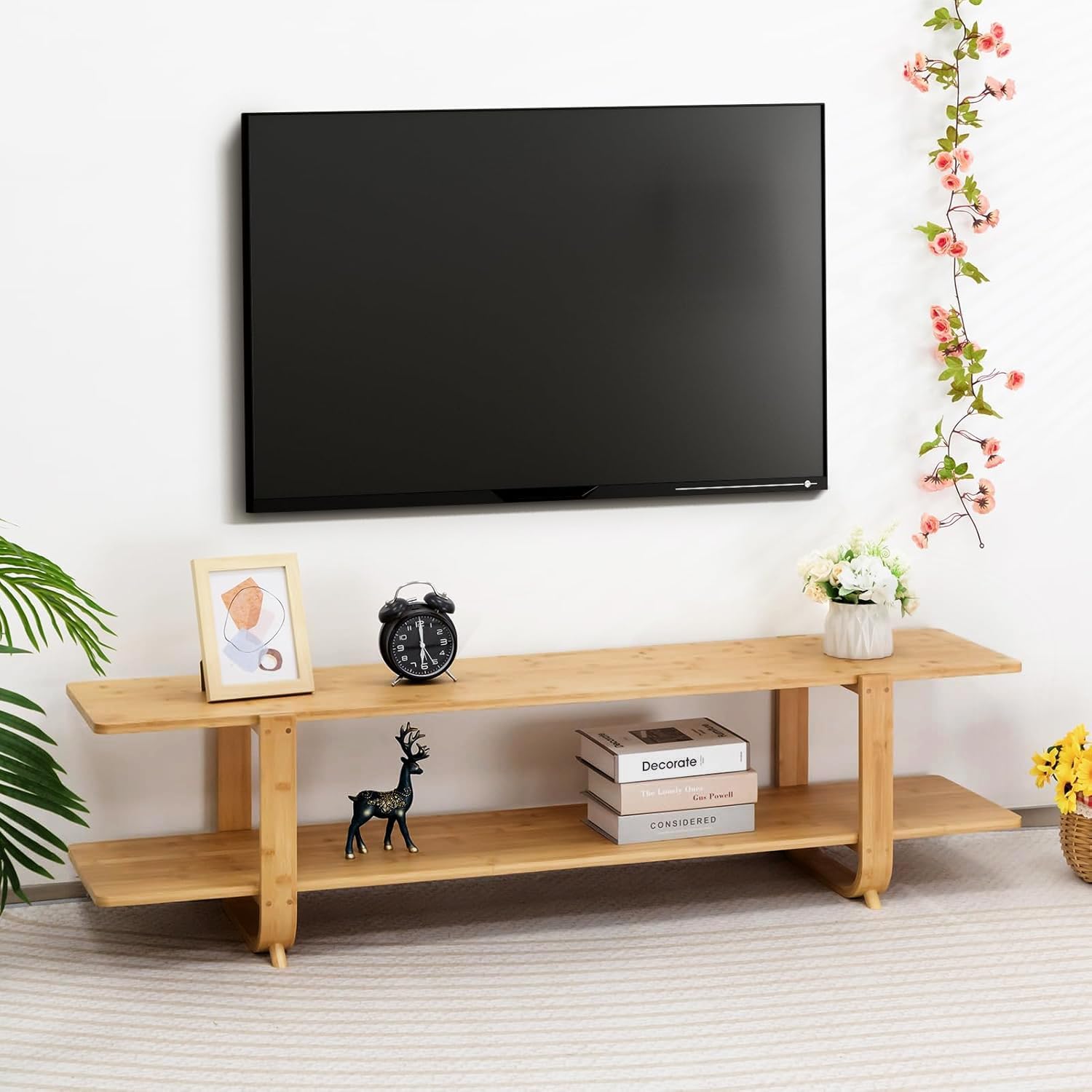HollyHOME Bamboo TV Stand with Storage for TVs up to 65'', Modern Entertainment Center with 2 Open Shelf, Accent TV Media Console Table for Living Room, Bedroom, 55'(L), Burlywood