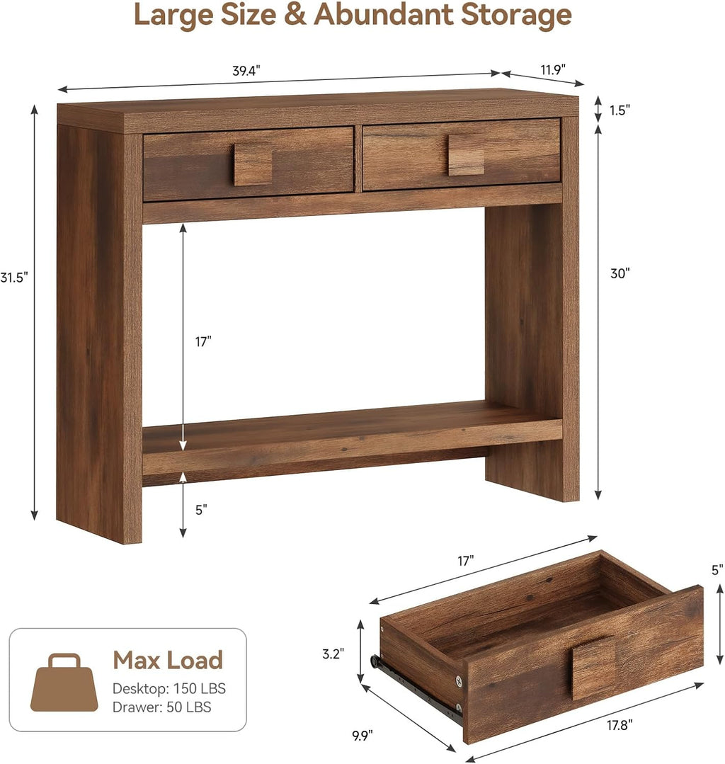 ONBRILL Console Table with Drawers, 40 Inch Narrow Entryway Table with Open Storage Shelves, Mid Century Modern Hallway Accent Tables Behind Couch Table for Living Room (Vintage Brown)