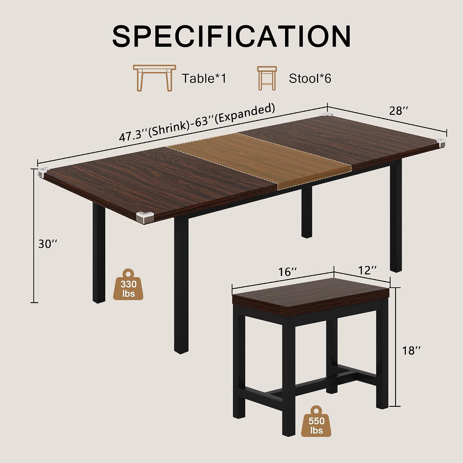 Einhomn 7-Piece Dining Table Set, 63' Extendable Kitchen Room Table with 6 Stools, Mid Century Modern Dinner Table with Metal Frame & MDF Board, Space-Saving, Easy Assembly, Espresso