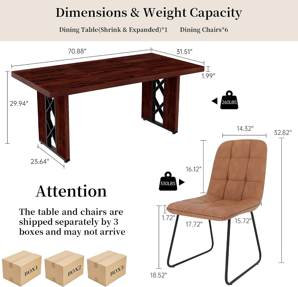 HIPIHOM 7-Piece Dining Table Set for 6 People, 70.8' MDF Kitchen Table with 6 Upholstered Chairs, Space-Saving for Dining Room, Breakfast Nook(Walnut Table+6 Brown Chairs)