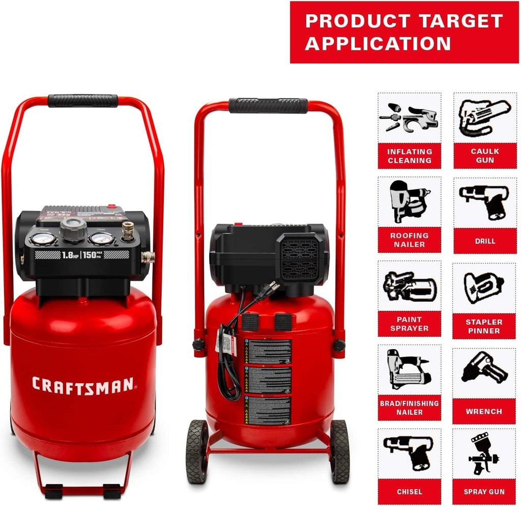 Craftsman Air Compressor 10-Gallon, Max 150 PSI, Peak 1.8 HP, Portable Air Compressor with Compact Size, Oil-free, 120 Volts, 4 CFM@90psi, 1400W for Spray Painting, Drilling, Auto Repair