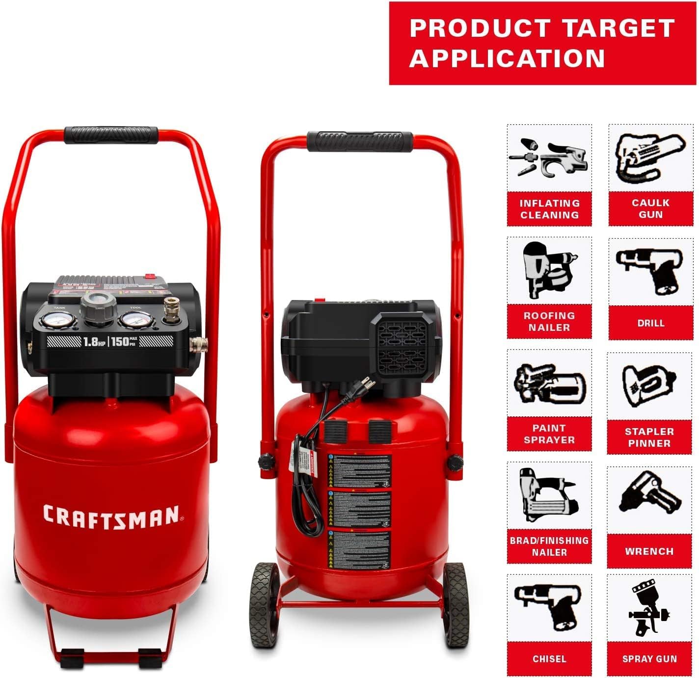 Craftsman Air Compressor 10-Gallon, Max 150 PSI, Peak 1.8 HP, Portable Air Compressor with Compact Size, Oil-free, 120 Volts, 4 CFM@90psi, 1400W for Spray Painting, Drilling, Auto Repair