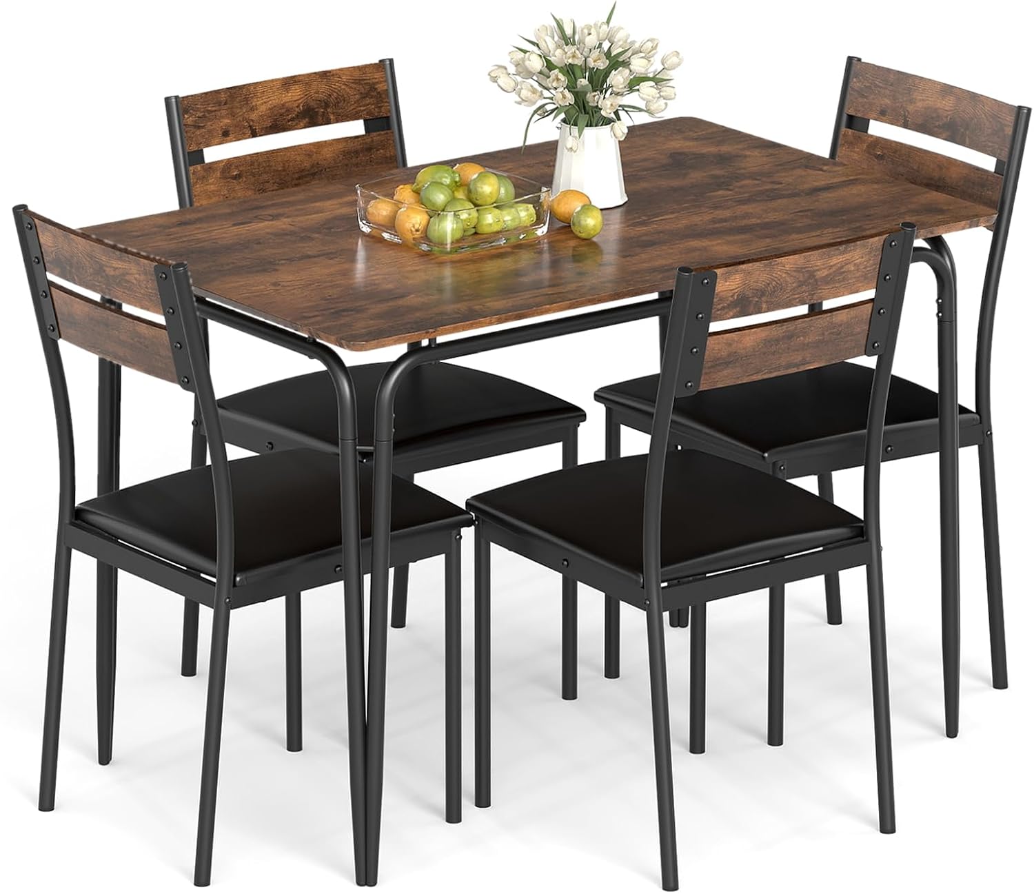 Giantex 5-Piece Dining Table Set for 4, 43-Inches Rectangular Kitchen Table & 4 Armless Chairs with Upholstered Seat, Metal Frame, Space-Saving Dinette Set for Living Room (Rustic Brown+Black)