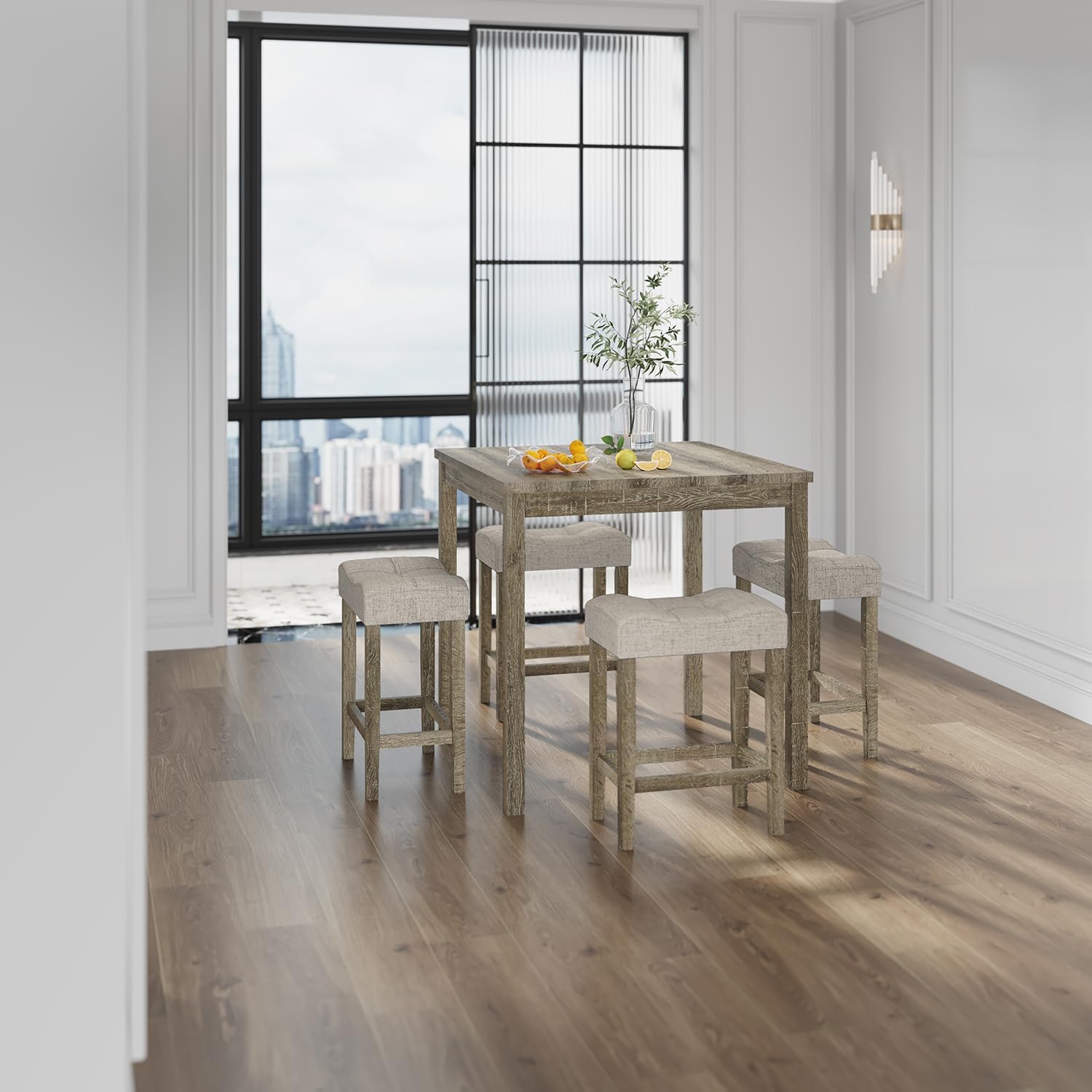 allamazing 5-Piece Counter Dinner Height Table Set, Indoor Modern Rectangular Dining Table Furniture Set for Kitchen, 35 inch Dining Table with 4 stools (1+4 Natural)