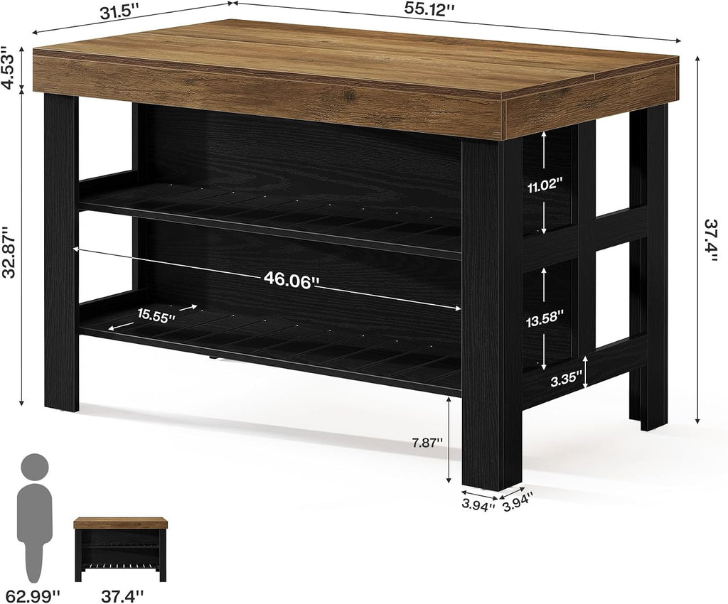 Tribesigns Kitchen Island with Seating and Storage Shelves, 55.1-Inch Breakfast Counter Farmhouse Island Table for Kitchen Dining Room (Brown and Black)