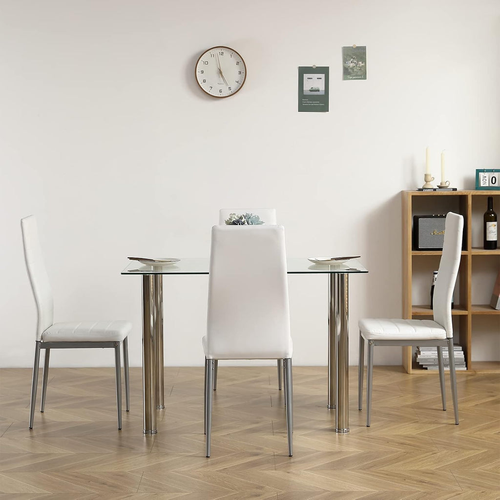 Karl home 5-Piece Dining Table Set with 1 Glass Dining Table and 4 Leather Chairs, Modern Silver Dining Table Set for Kitchen & Breakfast Dining Living Room, Space Saving