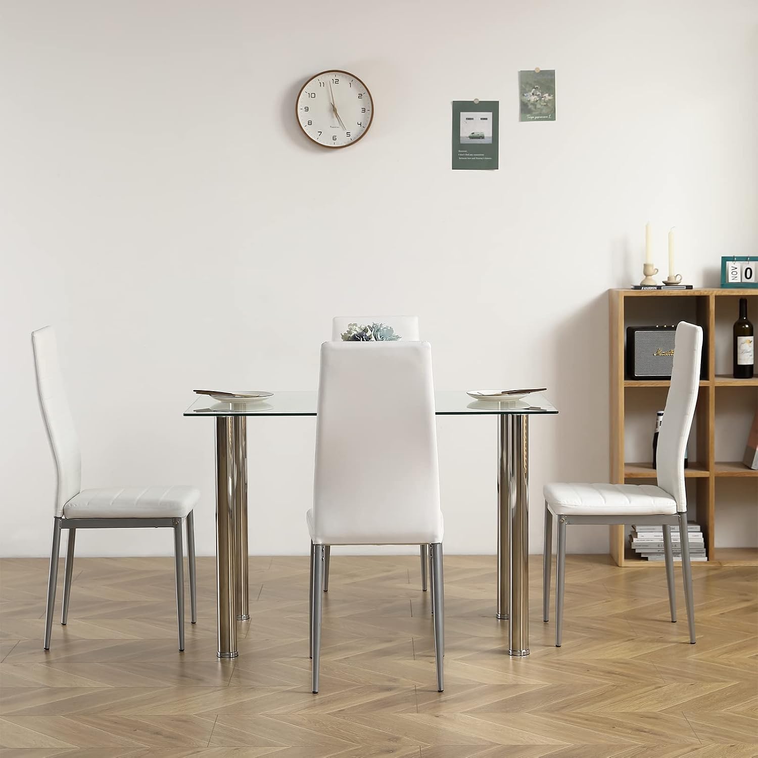 Karl home 5-Piece Dining Table Set with 1 Glass Dining Table and 4 Leather Chairs, Modern Silver Dining Table Set for Kitchen & Breakfast Dining Living Room, Space Saving