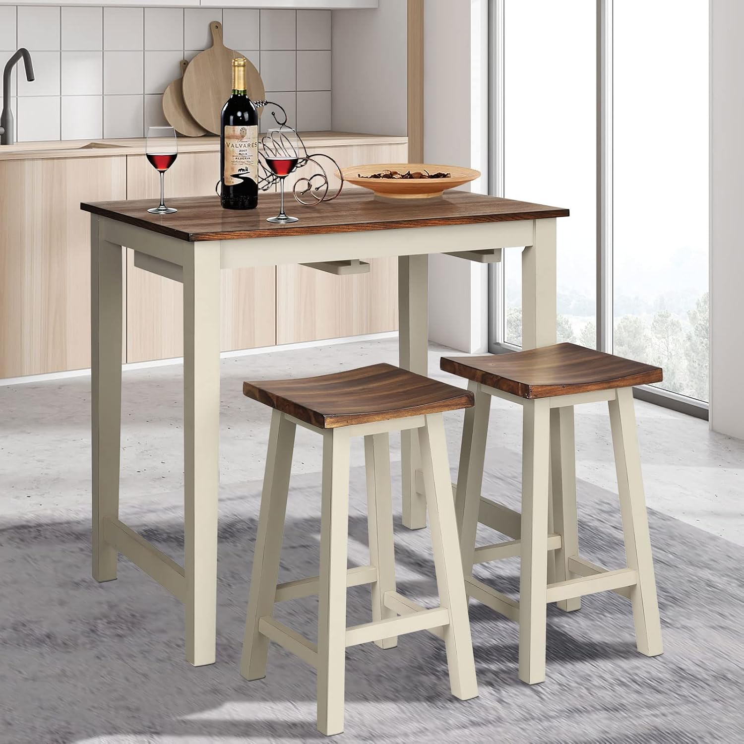 COSTWAY 3 Pieces Dining Set, Counter Height Pub Table Set with 2 Saddle Stools, Industrial Wood Breakfast Table Set for Bar, Kitchen, Living Room, Restaurant