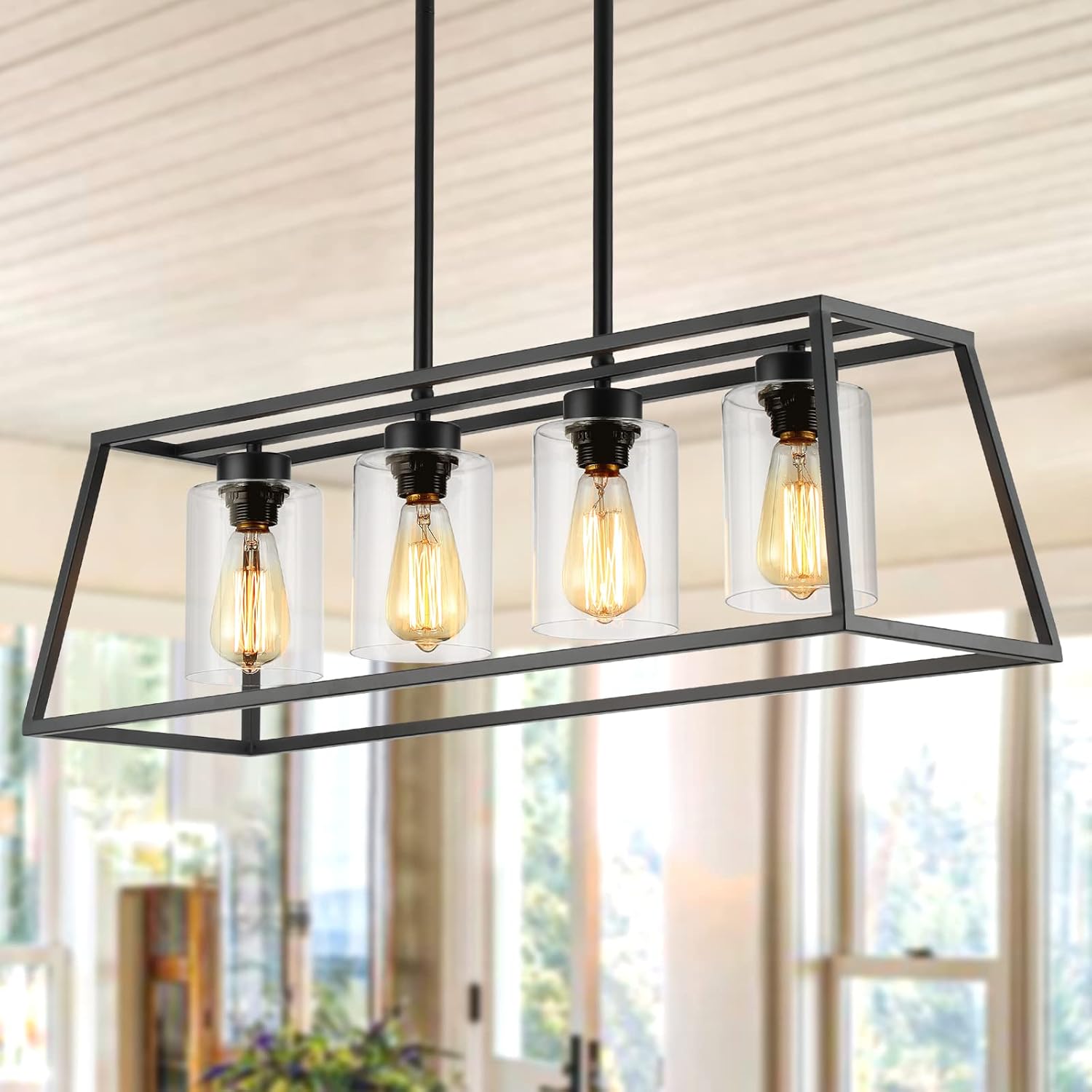 Black Farmhouse Chandeliers for Dining Room, Rustic Kitchen Island Light Fixture, 4-Lighting Linear Pendant Lamp Kitchen Island with Glass Shade ，Apply to Dining Room Light fixtures Over Table