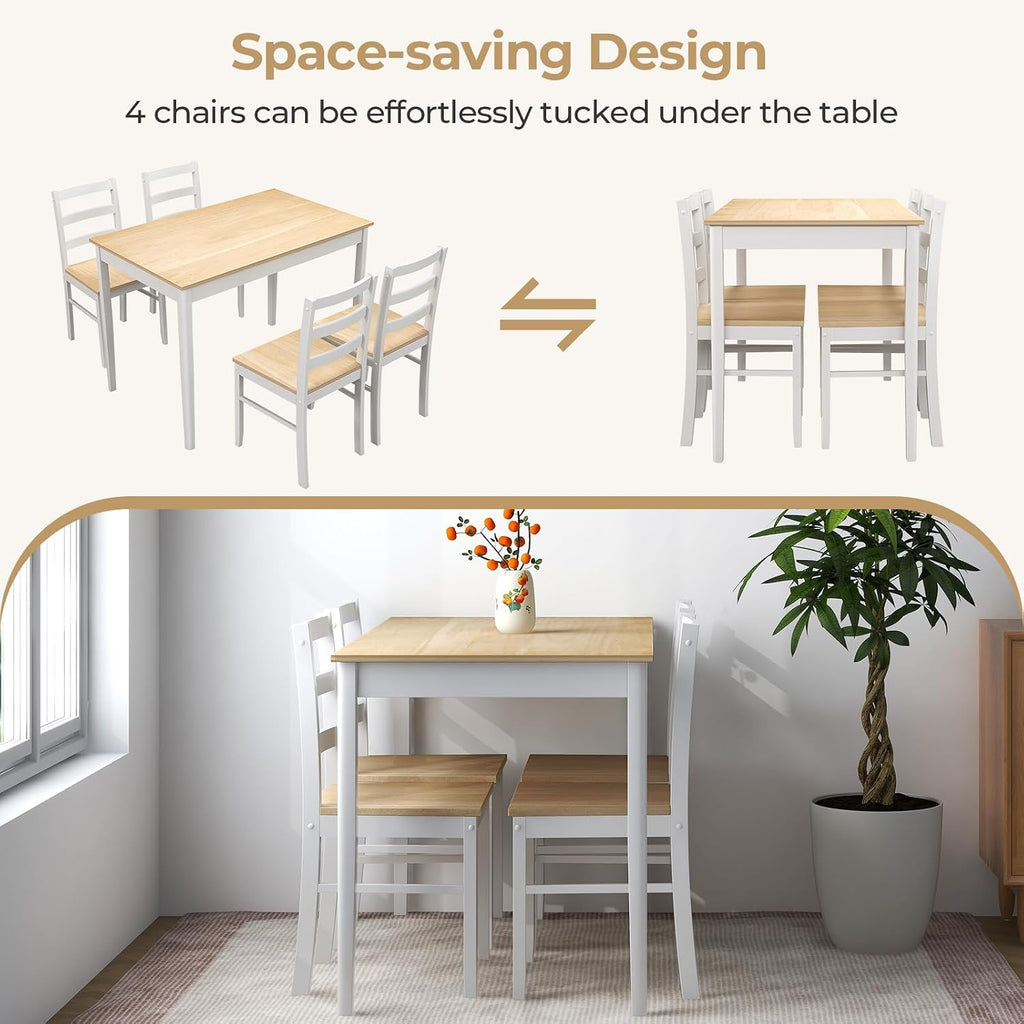 Tangkula Dining Table Set for 4, Solid Wood, Farmhouse Dinette Set w/Rubber Wood Legs, Compact Dining Table and Chairs Set for Kitchen, Dining Room (Natural+White)