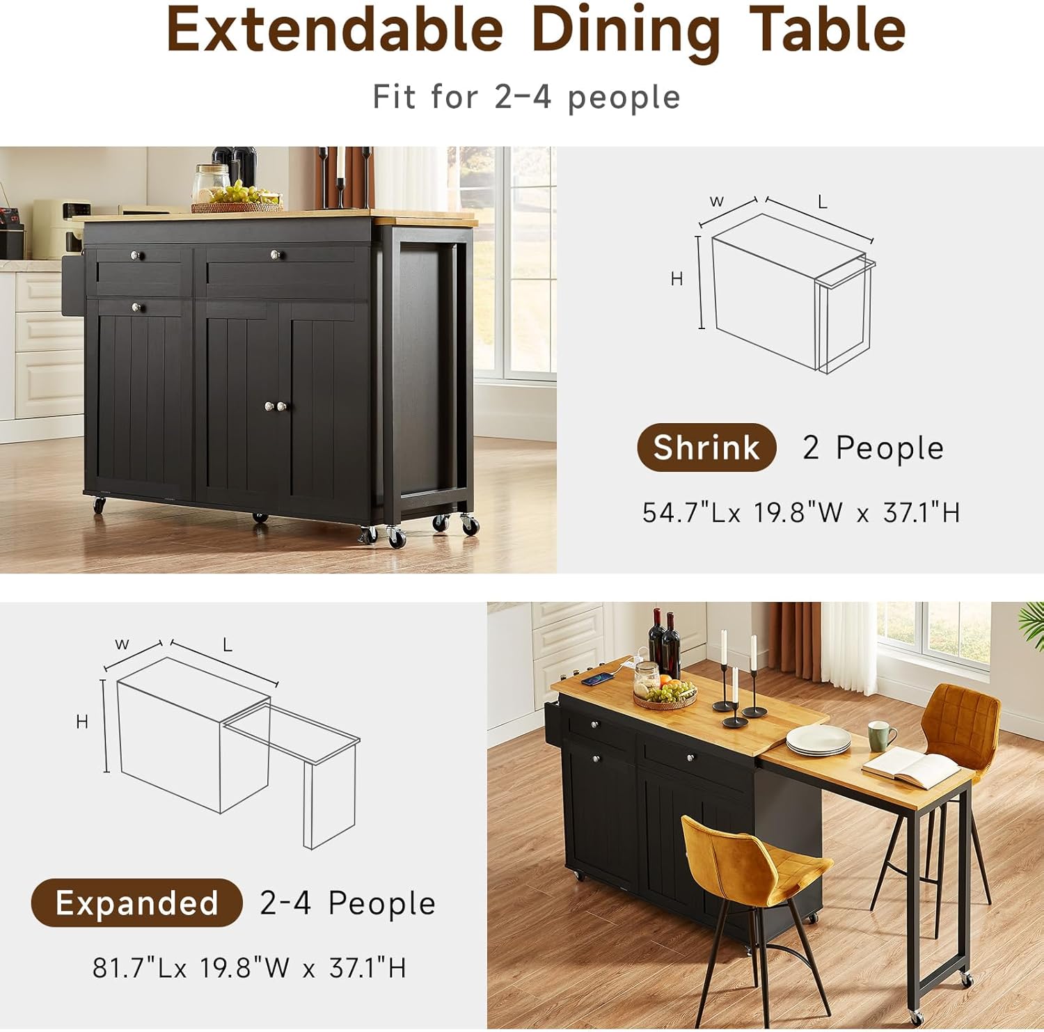 ONBRILL Kitchen Islands with Extendable Dining Table, 81.7' Mobile Kitchen Storage Islands, Rolling Kitchen Cart with Trash Cabinet, Power Outlet, Spice Rack & Towel Rack (Black)
