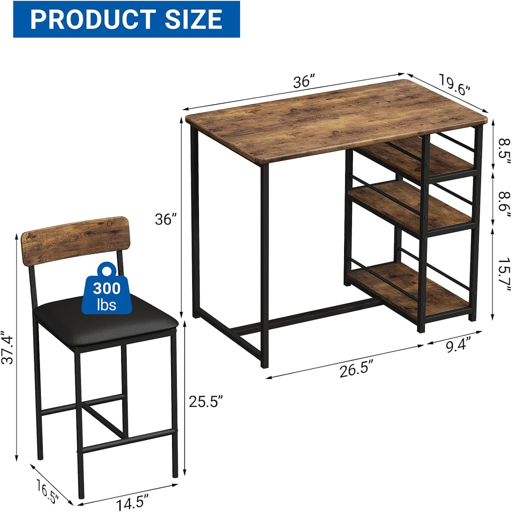 GarveeHome Dining Table Set for 2, Counter Height Kitchen Table with 2 Upholstered Bar Stools, Dining Table and Chairs Set with Storage Shelves, for Small Space, Apartment, Studio, Retro Brown