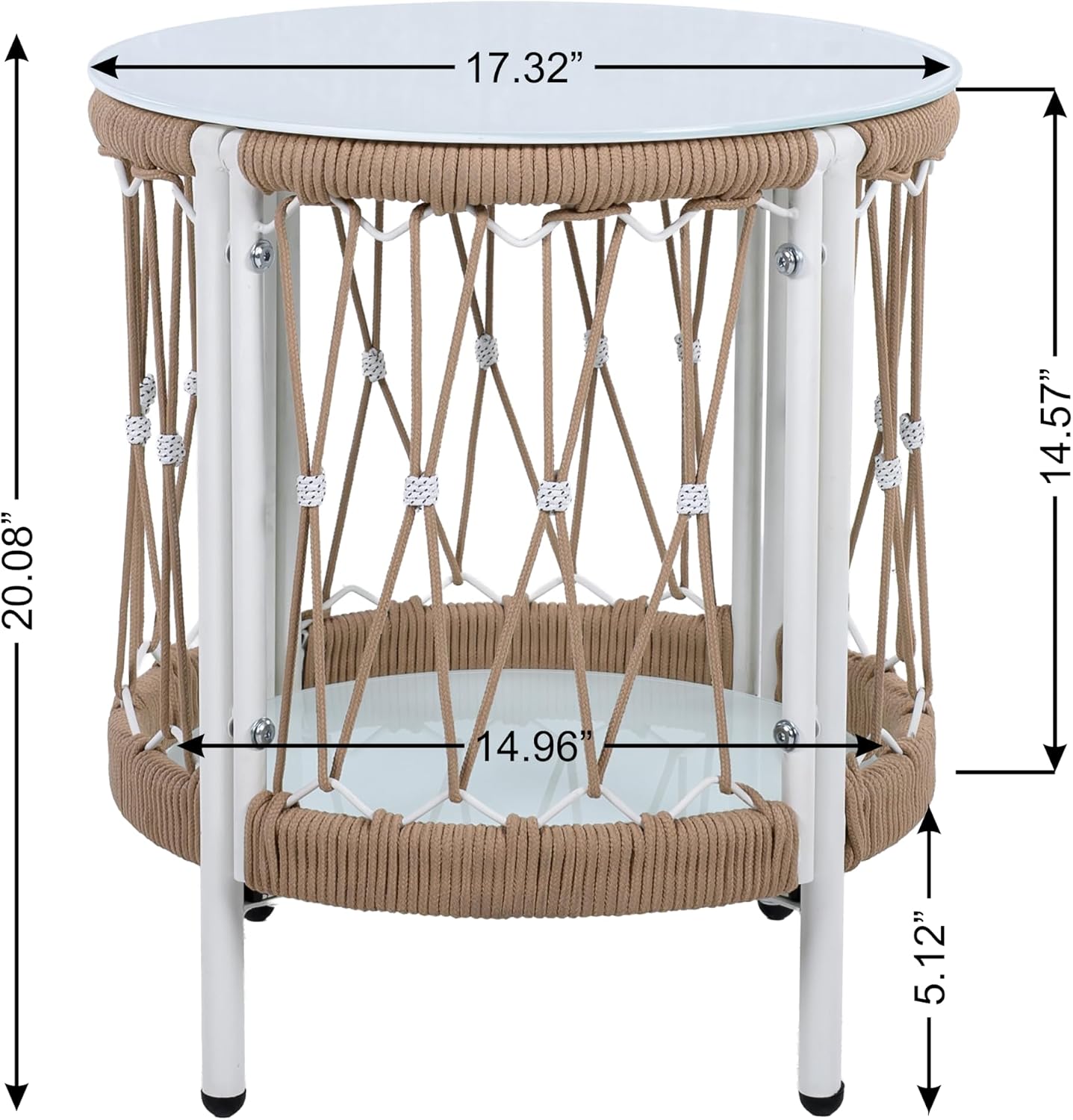 Christopher Knight Home Packy Bohemian Outdoor Side Table with Storage Shelf, Glass Top Small Patio Round Coffee Table, Sofa End Table for Patio Furniture Set with Metal Frame, White+Beige
