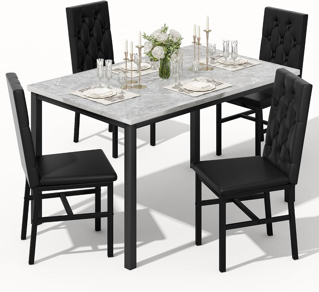 Hooseng Dining Table Set for 4, Faux Marble Small Kitchen Table Chairs Set of 4 with Luxurious Button Tufted Dinner Chairs for Kitchen and Dining (Gray)