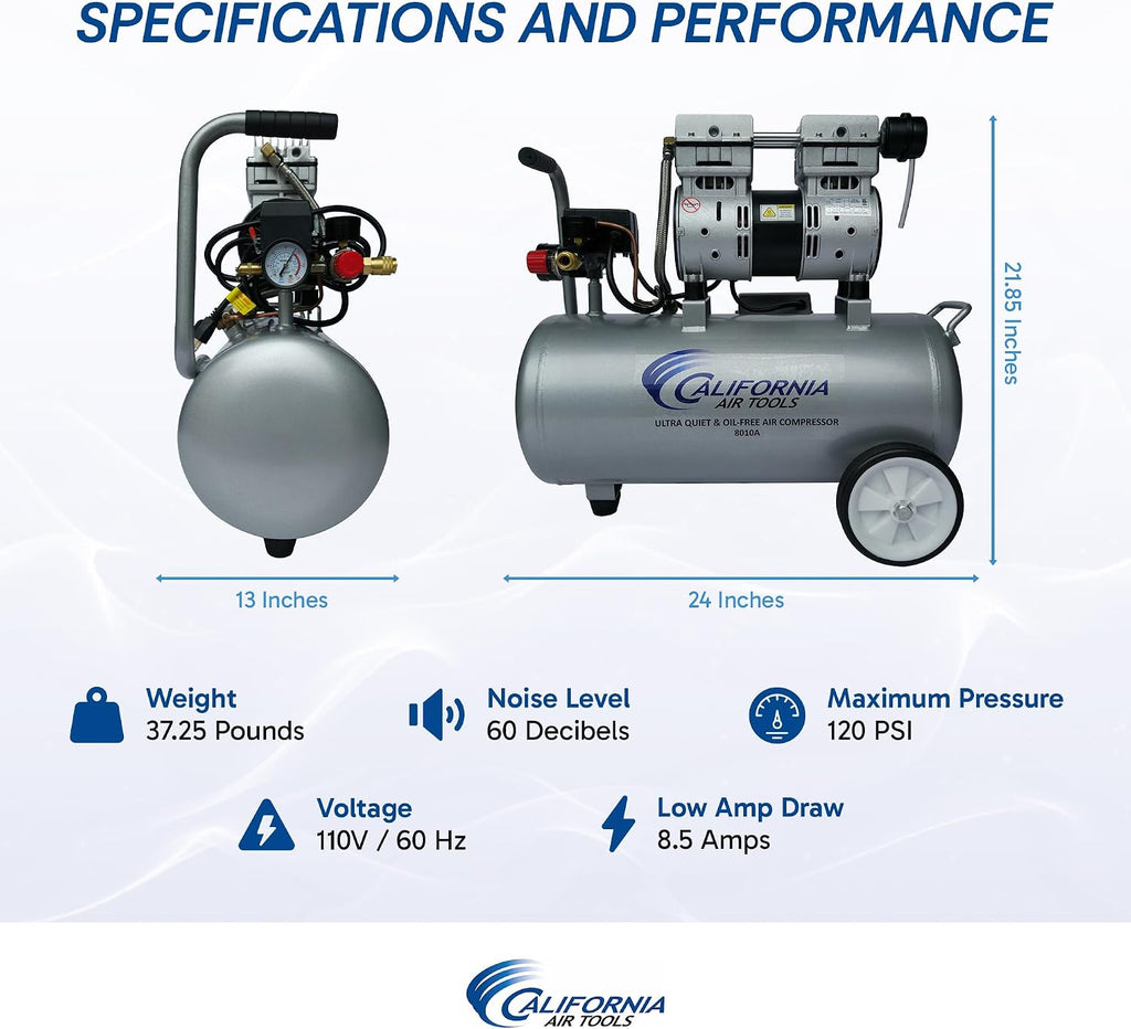 California Air Tools 8010A 1.0 HP Ultra Quiet and Oil-Free Air Compressor, 8 Gallon Aluminum Tank, Lightweight with Wheels, 60 dBA Noise Level
