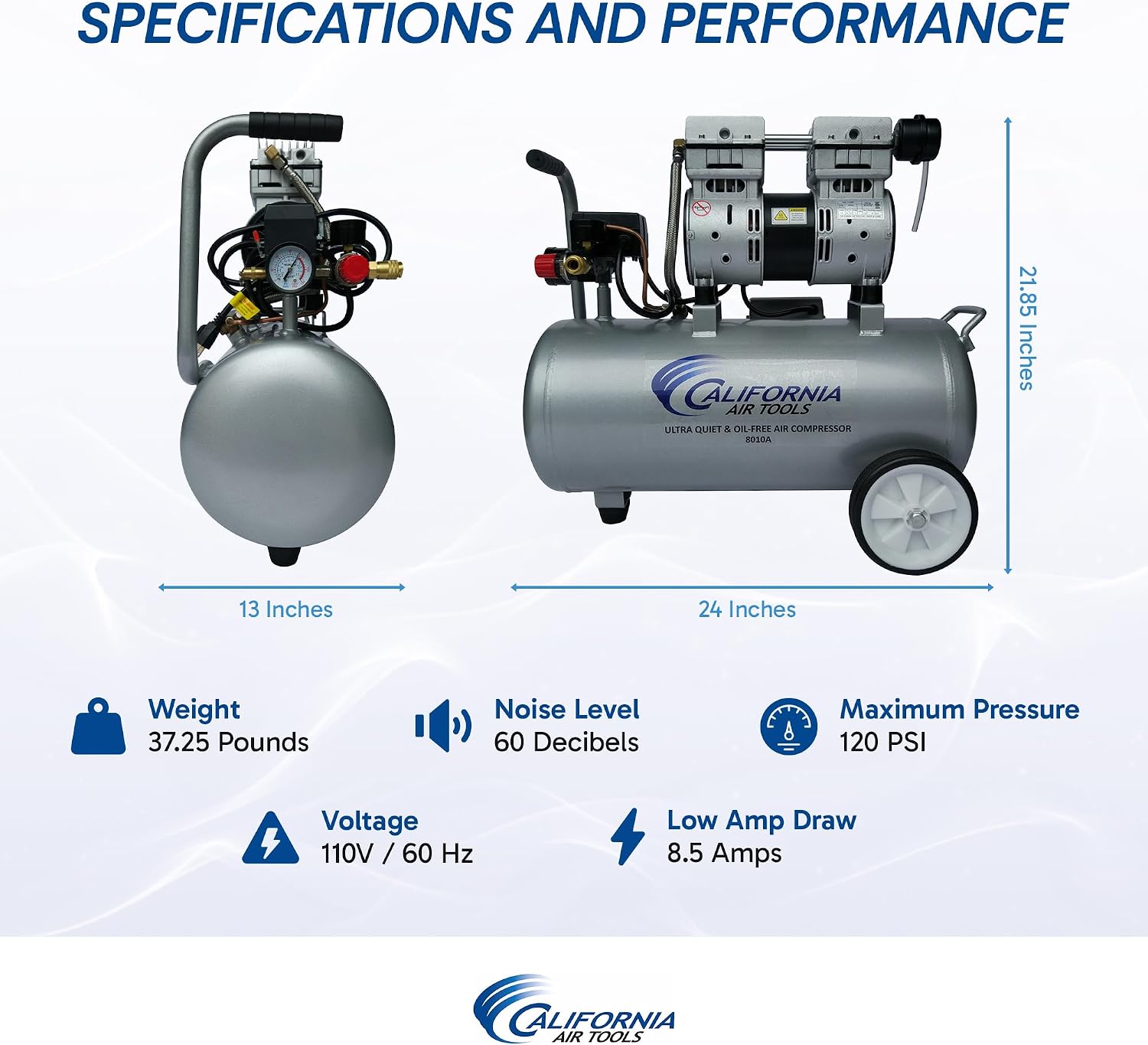 California Air Tools 8010A 1.0 HP Ultra Quiet and Oil-Free Air Compressor, 8 Gallon Aluminum Tank, Lightweight with Wheels, 60 dBA Noise Level