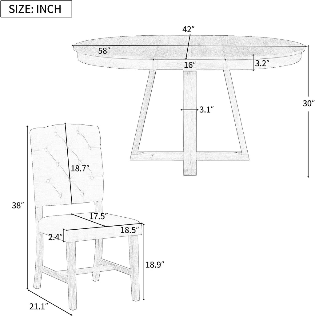 LUMISOL Round Dining Table Set for 4, Farmhouse Extendable Kitchen Table Set with 4 Upholstered Chairs, Solid Wood Table and Chairs Set for Kitchen, Dining Room, Living Room, Beige+Walnut