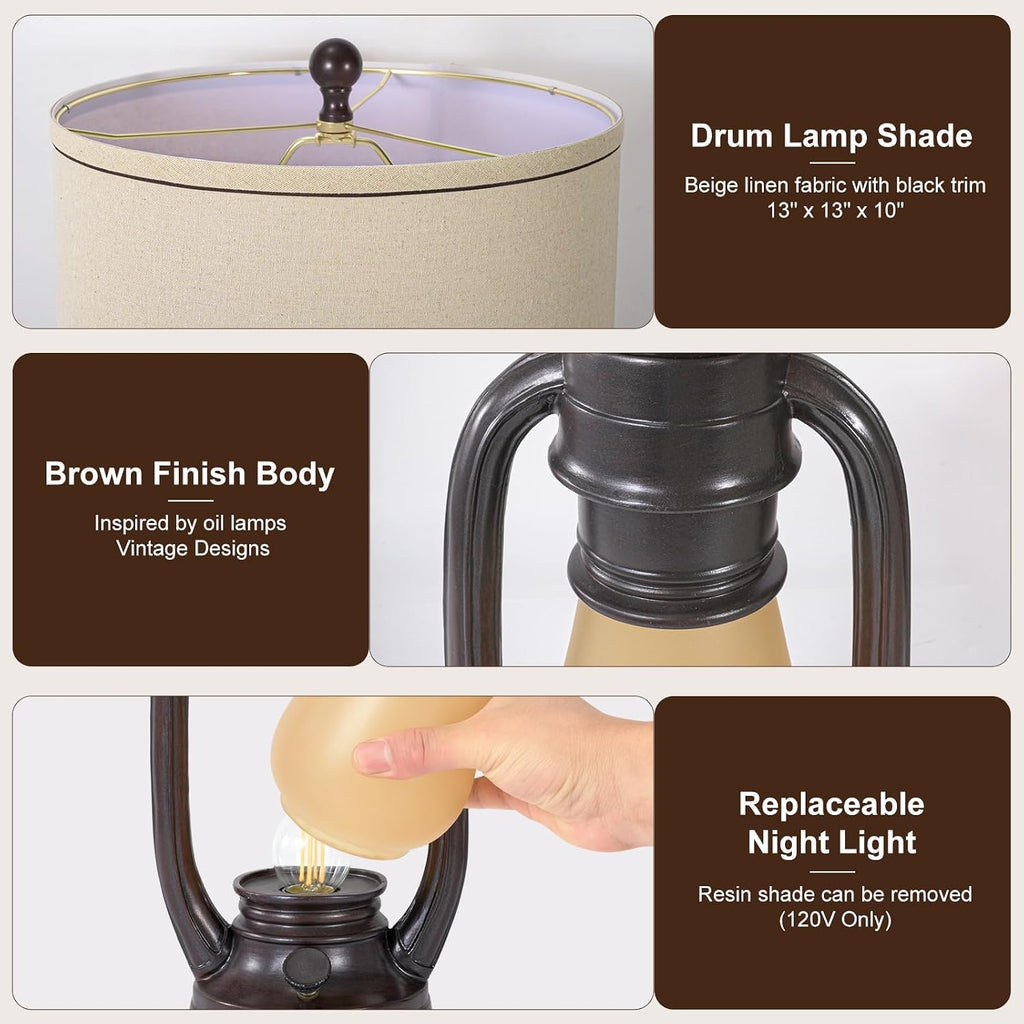 26'' Vintage Lantern Table Lamps Set of 2, Retro Bedside Nightstand Lamp with Nightlight and Linen Shade, Rustic Desk Lamp with USB A+C Ports, Farmhouse Table Lamps for Living Room Bedroom Study room