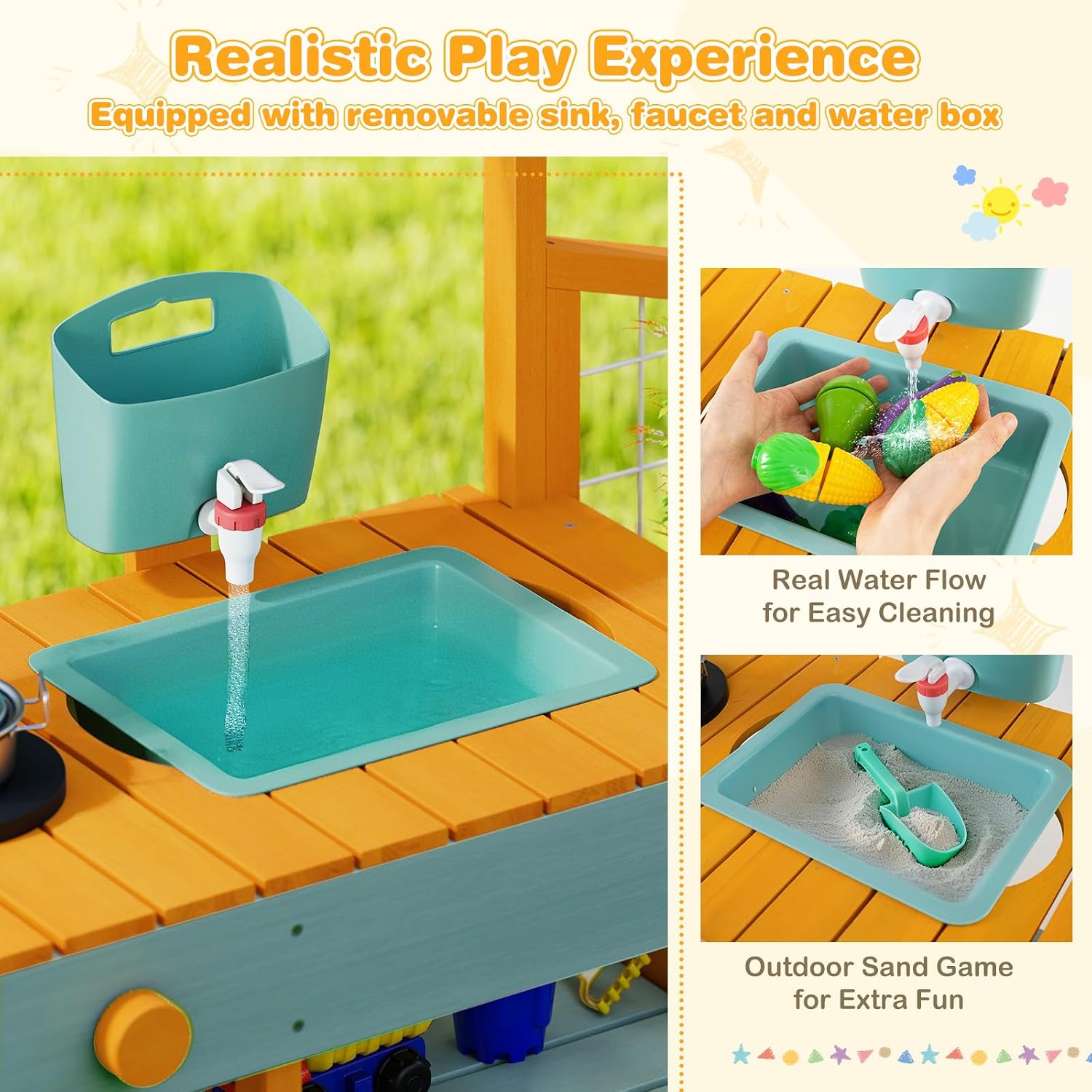 HONEY JOY Mud Kitchen, Cedar Wood Pretend Play Kitchen for Toddlers, Plant Growing Box & Trellis, Real Faucet w/Running Water, Sink, Accessories, Outdoor Kids Kitchen Playset for Garden Fun(Yellow)