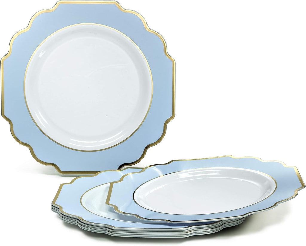 ' OCCASIONS ' 640 Piece set (80 Guests)-Heavyweight Wedding Party Disposable Plastic Plate Set - 80 x 10.5'' + 80 x 8'' + Silverware + Cups + Napkins (Imperial in White & Blue & Gold)