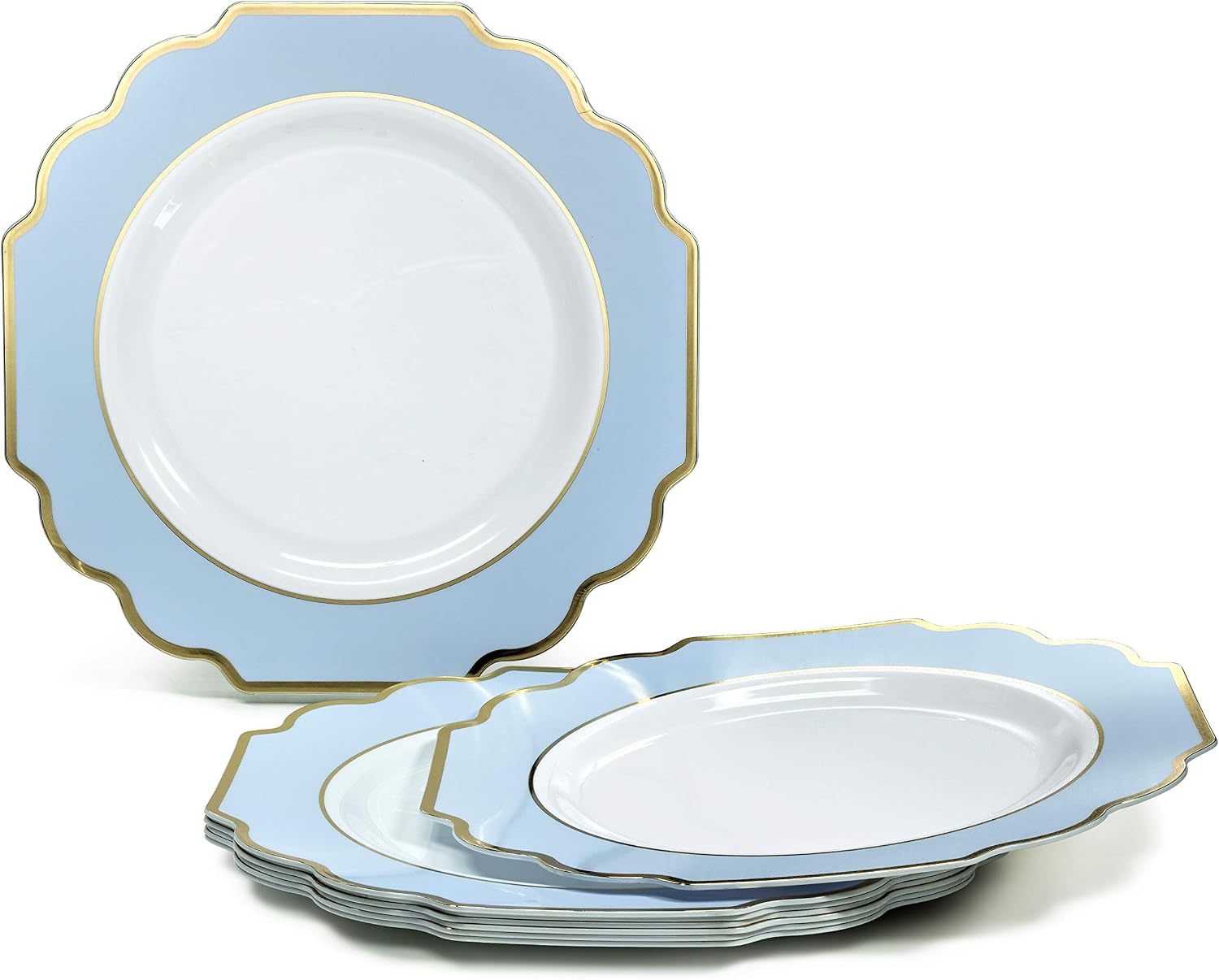 ' OCCASIONS ' 640 Piece set (80 Guests)-Heavyweight Wedding Party Disposable Plastic Plate Set - 80 x 10.5'' + 80 x 8'' + Silverware + Cups + Napkins (Imperial in White & Blue & Gold)