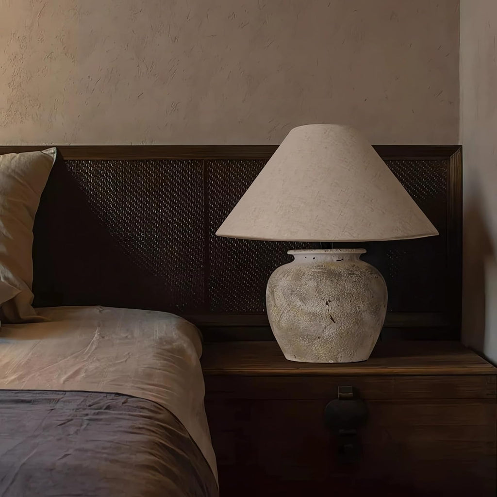 Farmhouse Table Lamps White Clay Pot Ceramic Lamps Creative Ceramic Lamp Body with White Textured Shade Bedside Nightstand Lamp for Bedroom Living Room Office