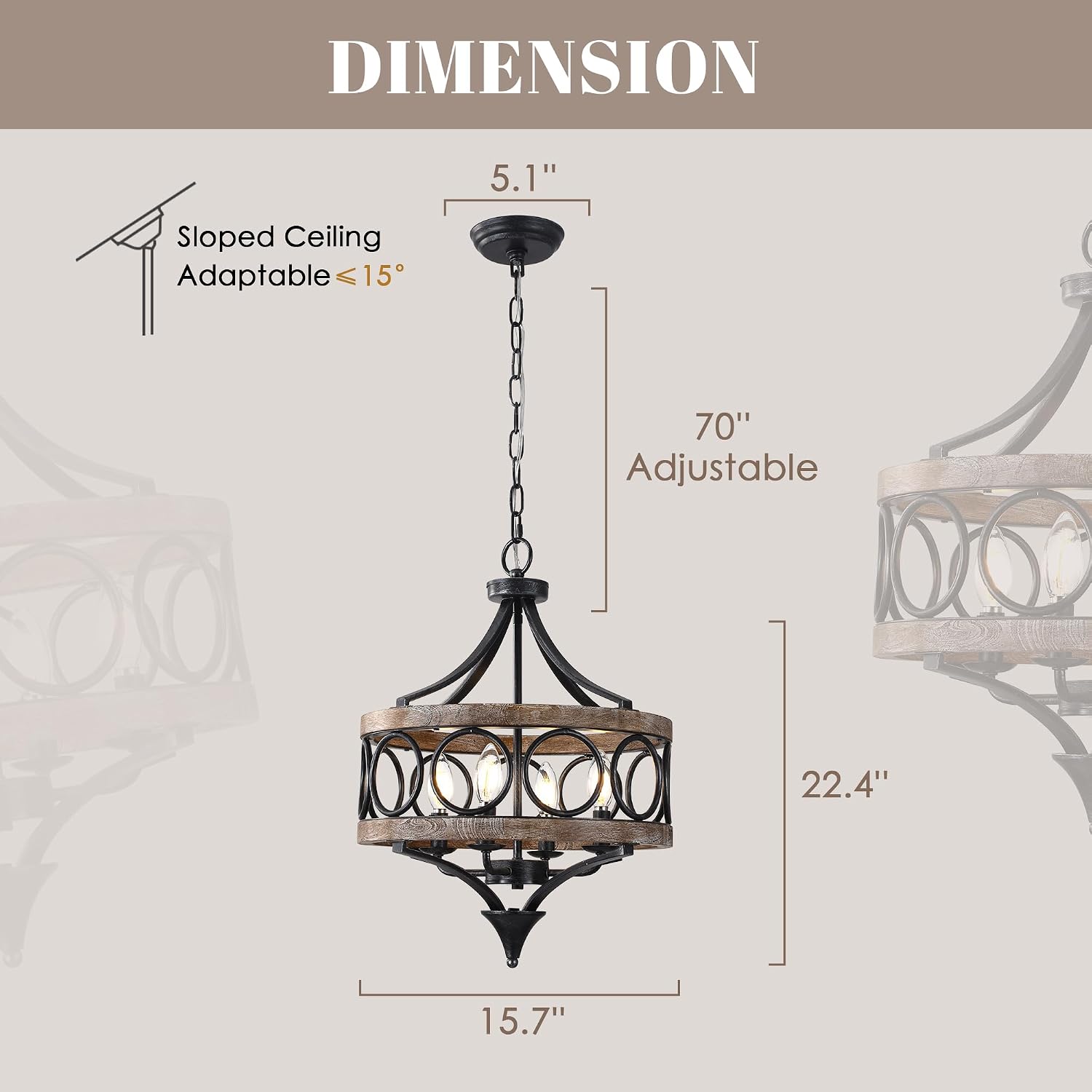 15.7' Farmhouse Chandeliers for Dining Room 4-Light Raindrop Solid Wood Antique Pendant Chandelier French Country Light Fixture for Living Room Bedroom Foyer Kitchen Island Entryway