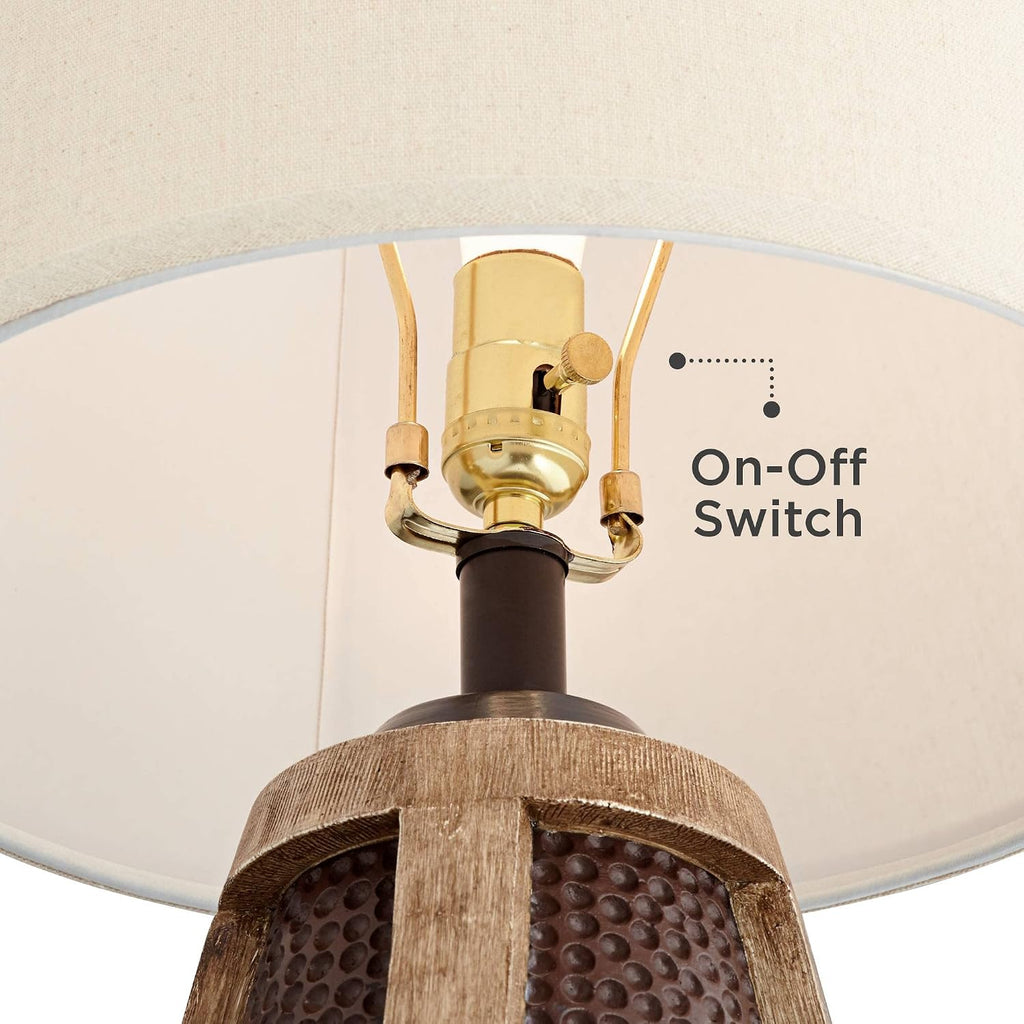 John Timberland Parker Industrial Rustic Table Lamps 30' Tall Set of 2 with Round Risers USB Charging Port Hammered Bronze Wood Oatmeal Drum Shade for Living Room Bedroom House Bedside Home