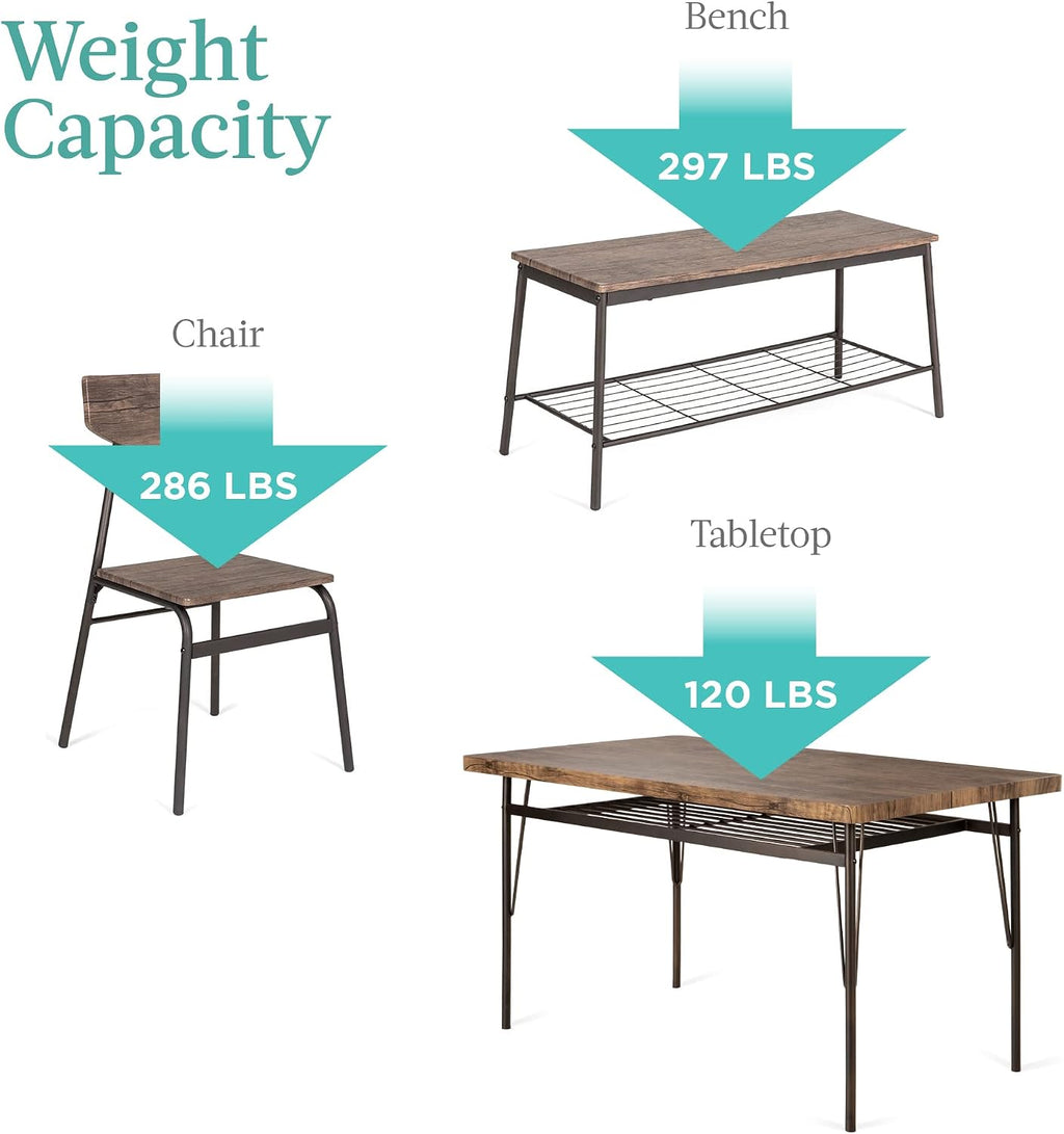 Best Choice Products 6-Piece 55in Modern Dining Set for Home, Kitchen, Dining Room w/Storage Racks, Rectangular Table, Bench, 4 Chairs, Steel Frame - Brown