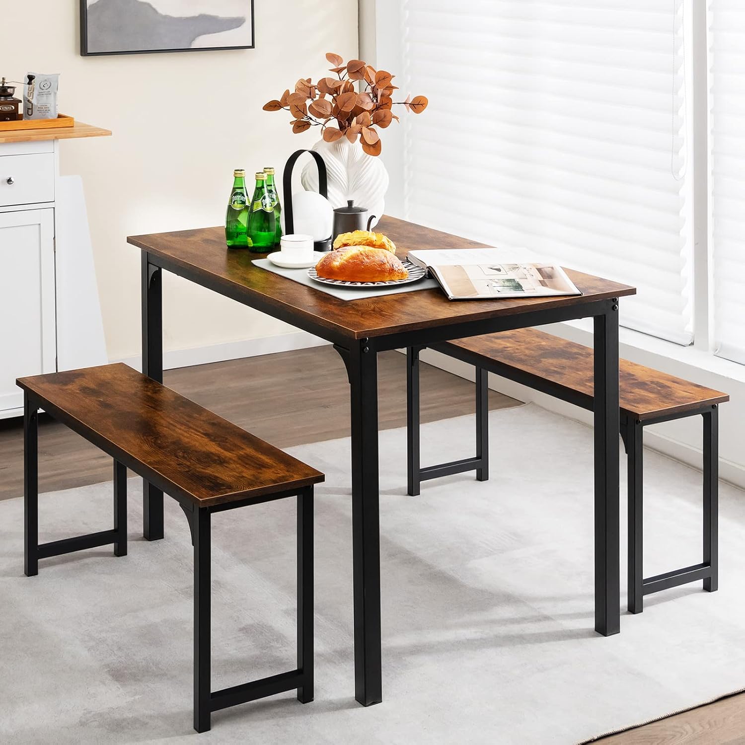 Tangkula 3-Piece Dining Table Set with Bench, Rectangular Kitchen Table with 2 Benches, Metal Frame, Space-Saving Furniture, Modern 4-Person Dinette for Kitchen, Dining Room (Rustic Brown)
