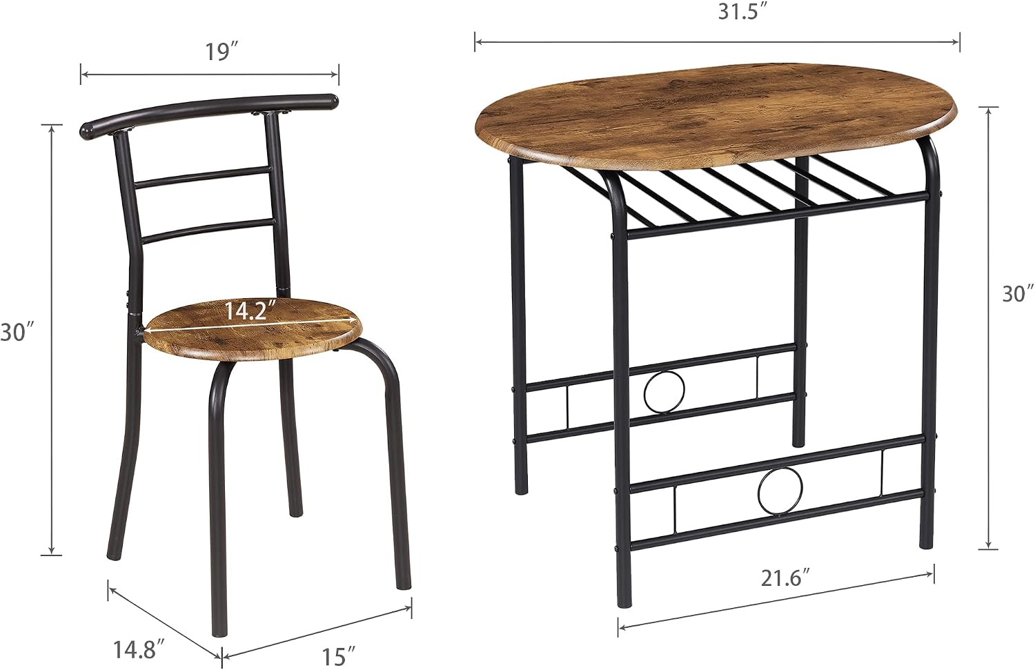 VECELO 3 Piece Small Round Dining Table Set for Kitchen Breakfast Nook, Wood Grain Tabletop with Wine Storage Rack, Save Space, Antique & Black