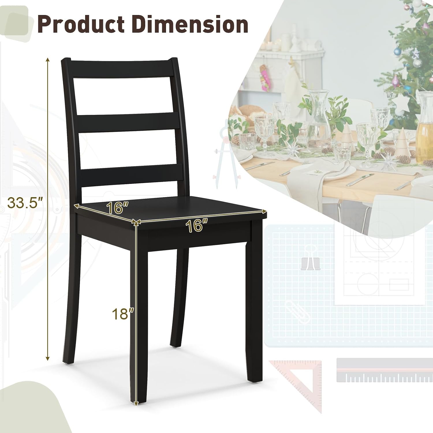 Giantex Wood Dining Chairs Set of 4 Black- Wooden Armless Kitchen Chairs with Solid Rubber Wood Legs, Non-Slip Foot Pads, Max Load 400 Lbs, Farmhouse Style High Ladder Back Wooden Dining Room Chairs