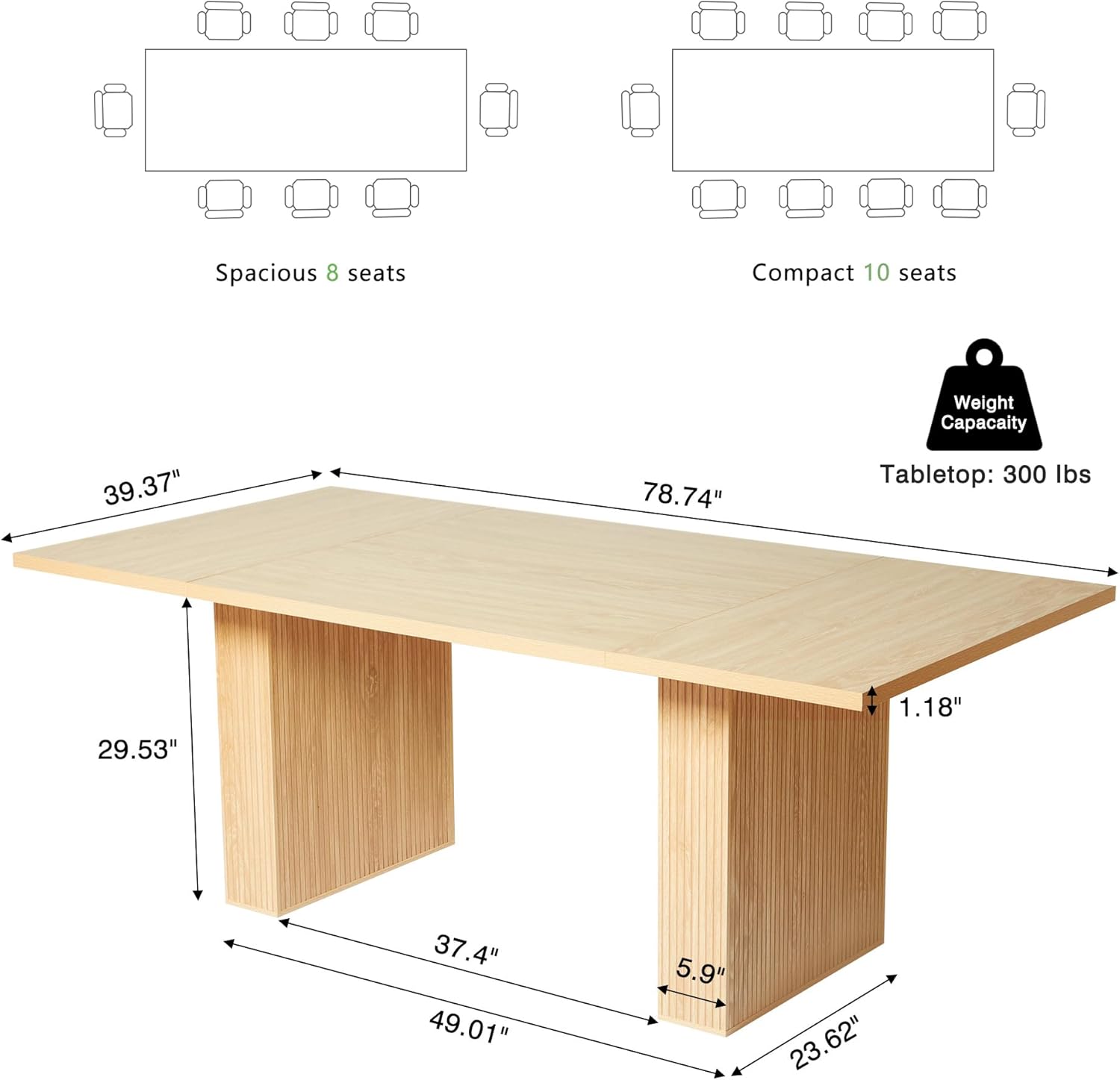 weselon 78 Inch Dining Table for 6 8 10, Modern Farmhouse Rectangular Kitchen Table, Long Dining Room Tables with Wood Strip Base for Kitchen Living Room (Natural)