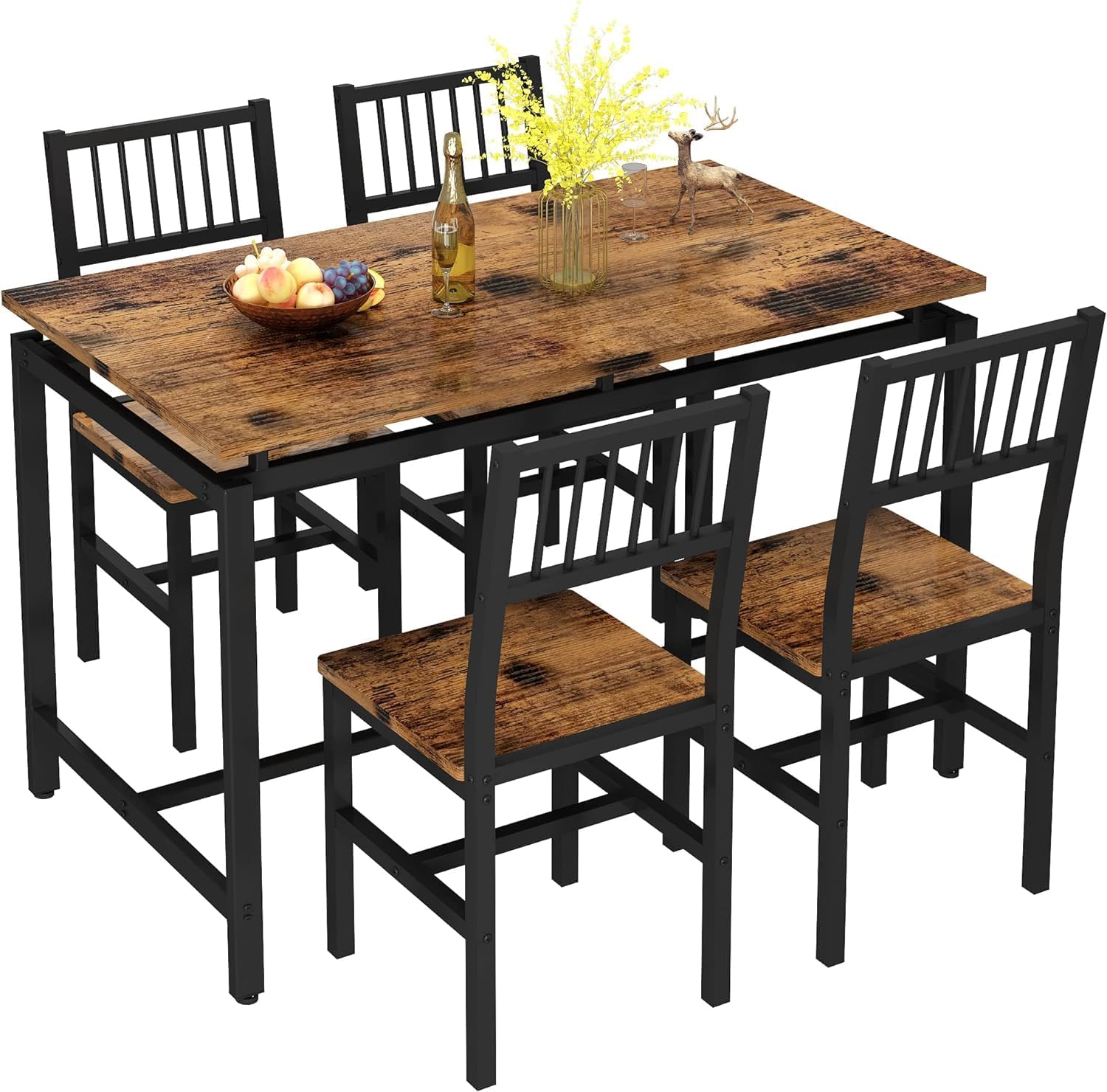 AWQM 47.2 Inch Dining Table Set for 4,Industrial Table with 4 Curved Chairs Set,5-Piece Rectangular Kitchen Table Set for Dining Room,Breakfast Nook,Small Space