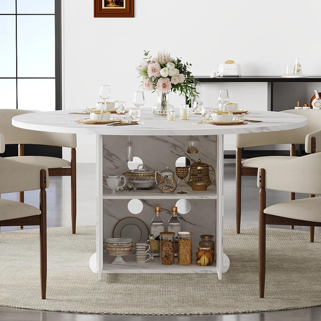 IBF 47' Round Dining Table with Storage, White Faux Marble Kitchen Tables for 4-6 People, Modern Dining Room Table with Fridge Space, Wood Circle Dinner Tables for Home, White Marble, Only Table